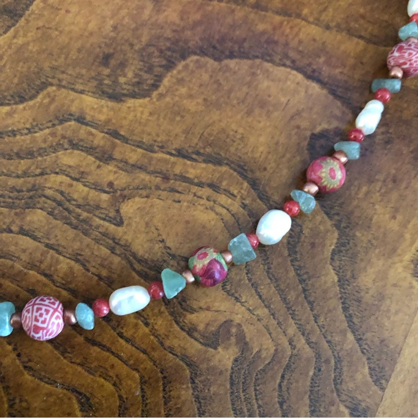 Handmade Handcrafted red coral green chalcedony pearl necklace Size ONE SIZE - 9 Thumbnail