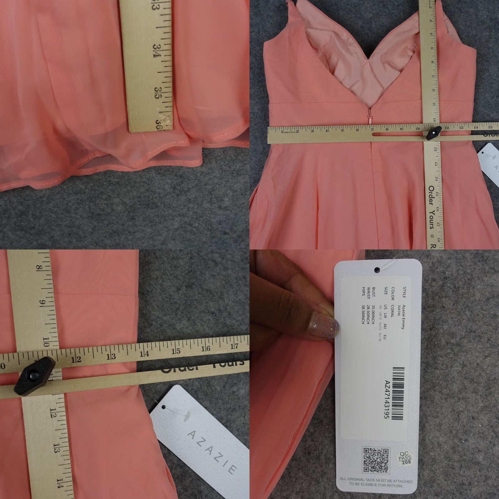 Vintage Azazie Dress Womens 6 Chiffon V-Neck A Line Knee Length Coral Pink Strap Sleeveless Zip Formal Wedding Party Couture Size M / US 6-8 / IT 42-44 - 9 Thumbnail