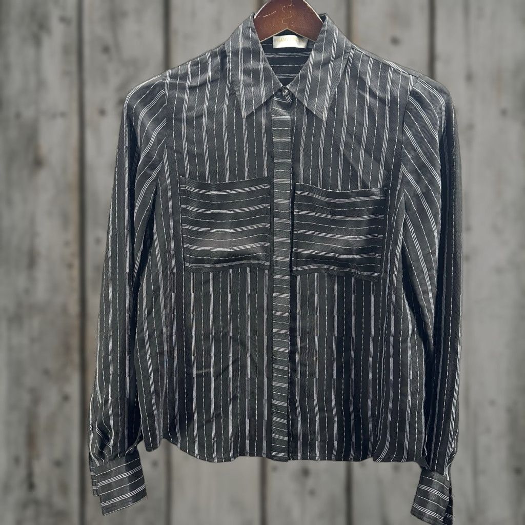 Ramy Brook Ramy Brook Button Front Shirt Womens XS Black Pockets Quiet Luxury Satin Ramie Button-Up Shirt XS Womens Black Pockets Quiet Luxury 90s? Size XS / US 0-2 / IT 36-38 - 1 Thumbnail