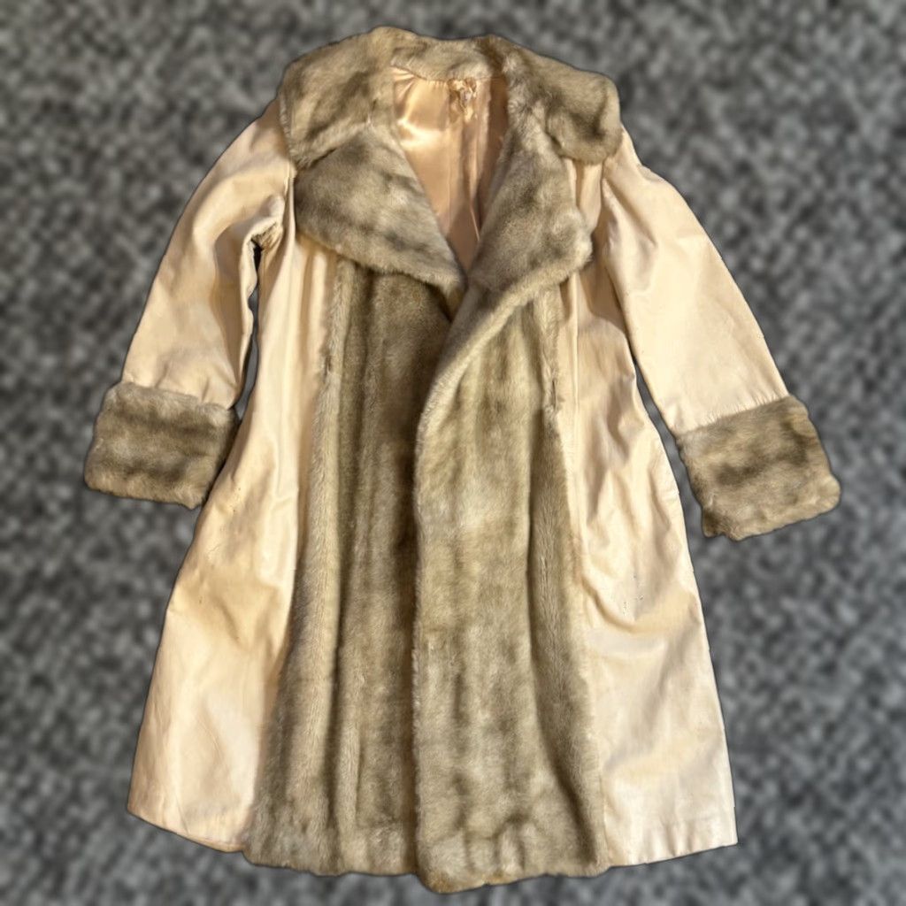 Vintage VINTAGE Lilli Ann Leather Faux Fur Long Coat 60s 1960s Beige Large UK 1960s Coat Glam Rock Mens Womens Size L / US 10 / IT 46 - 1 Thumbnail