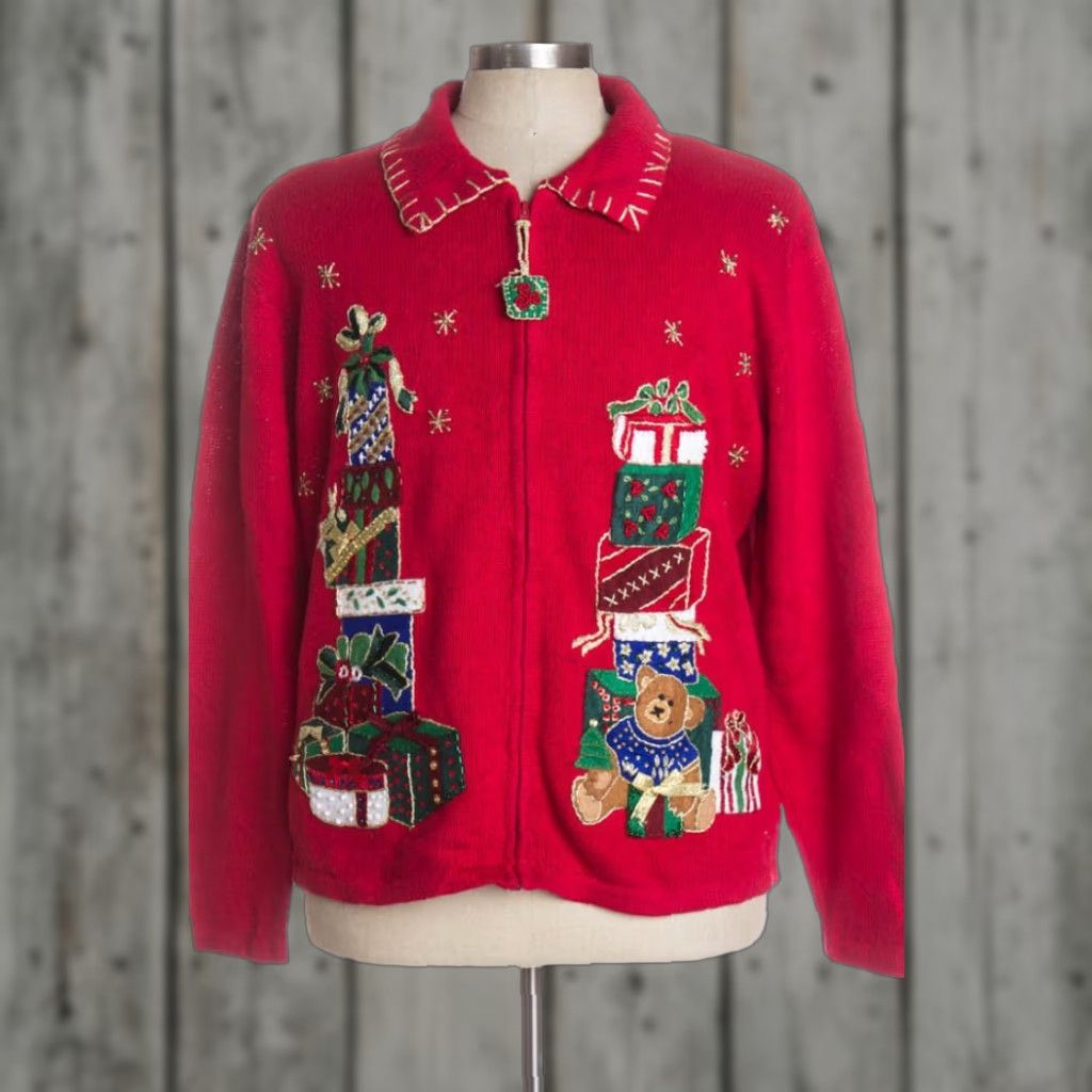 Vintage VINTAGE Tiara International Red Ugly Christmas Cardigan L Adult XXL Cardigan Mens Womens Christmas Red Ramie Cotton Size L / US 10 / IT 46 - 1 Preview