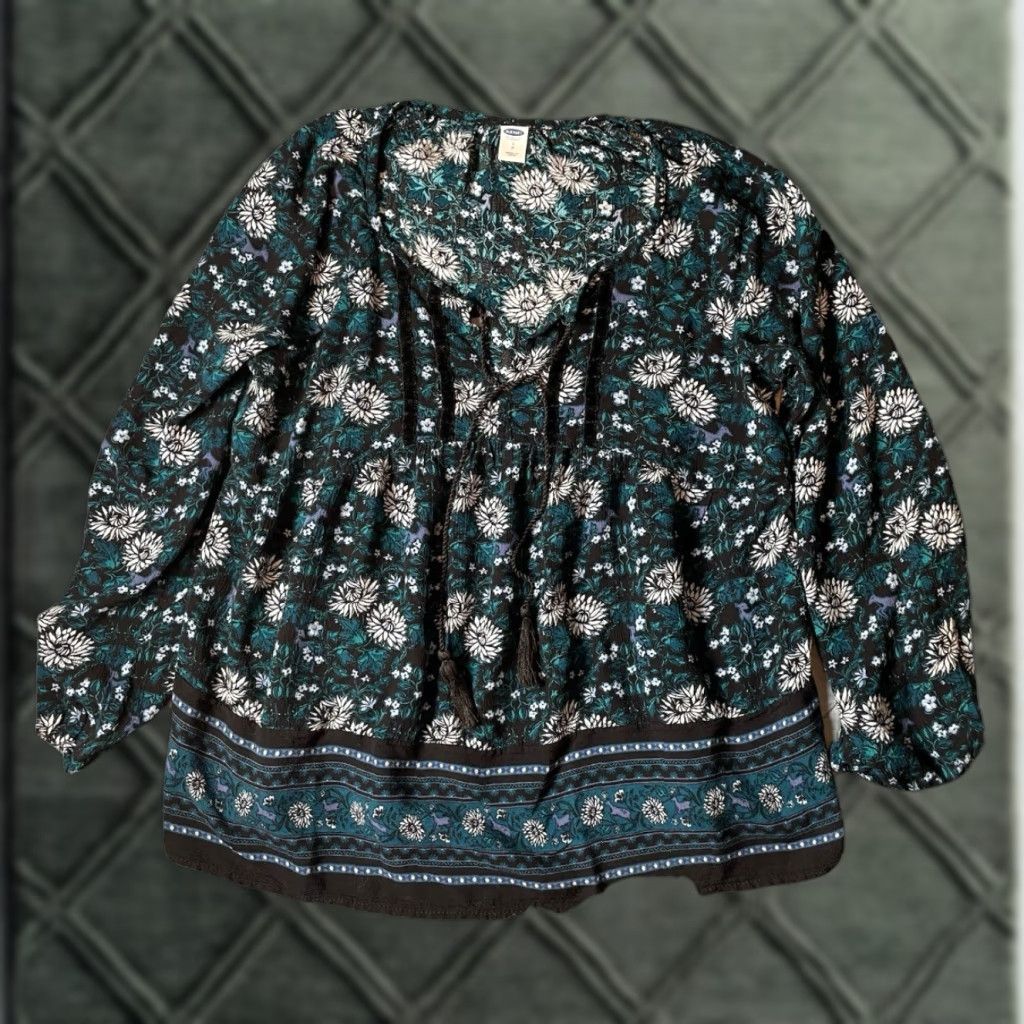 Old Navy Old Navy Blouse Shirt Womens S Dark Teal Floral Peasant Boho Puff Sleeve V-Neck Size S / US 4 / IT 40 - 1 Thumbnail