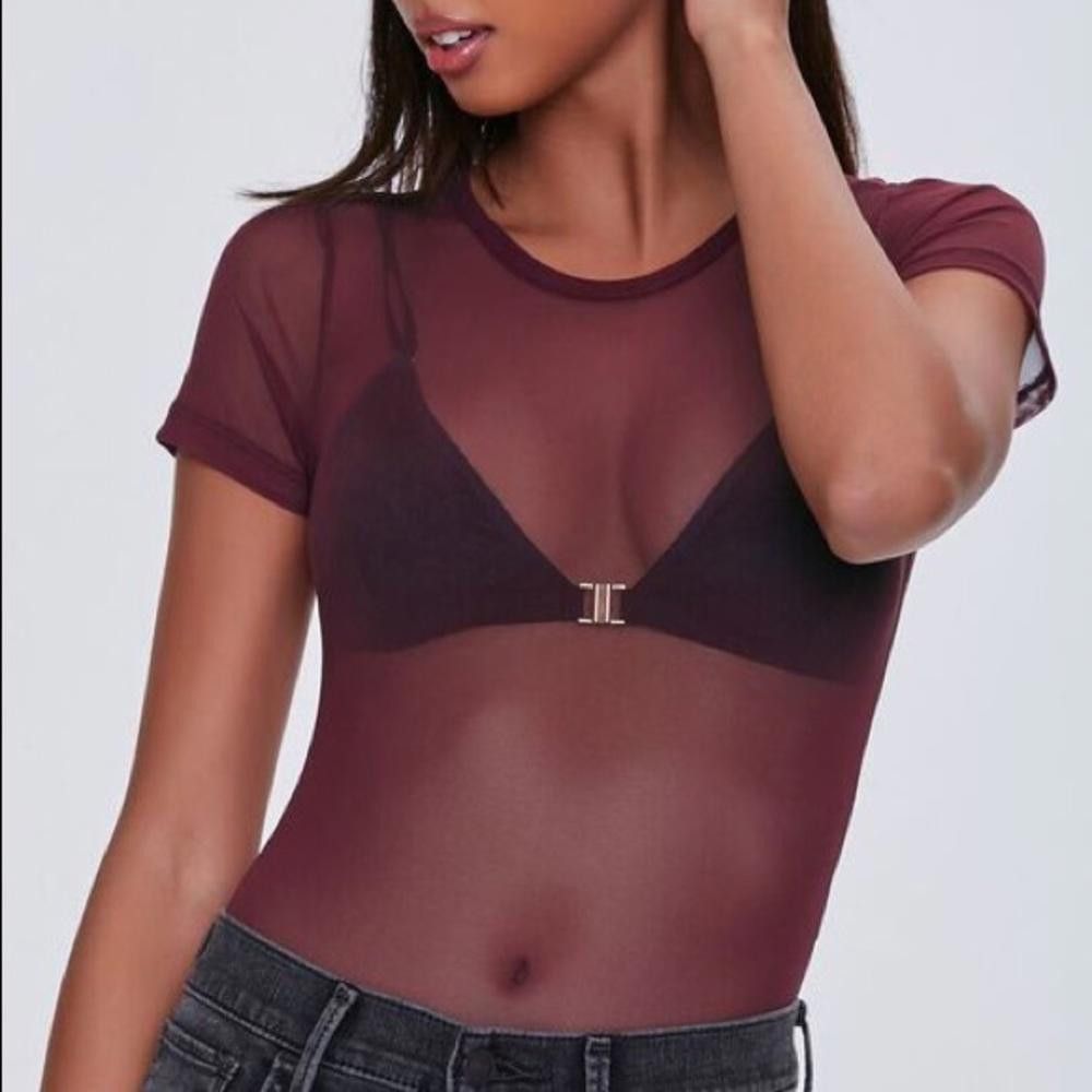 Designer Chic Sheer Burgundy Mesh Bodysuit - Perfect Layering Piece Size S / US 4 / IT 40 - 2 Thumbnail