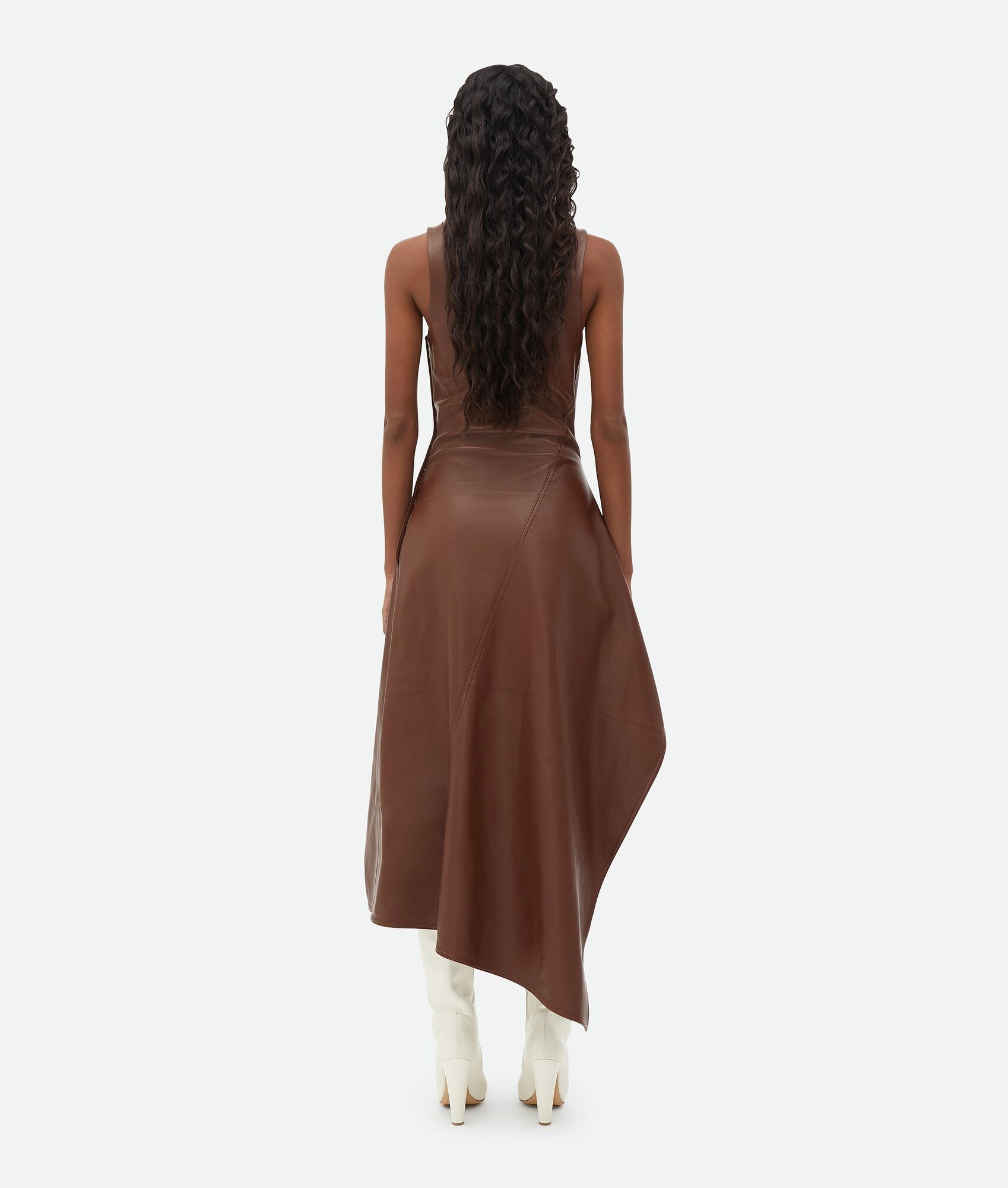 Bottega Veneta o1n1vont0325 Leather Asymmetric Midi Dress in Dark Cognac Size XXS / US 00 / IT 34 - 3 Thumbnail