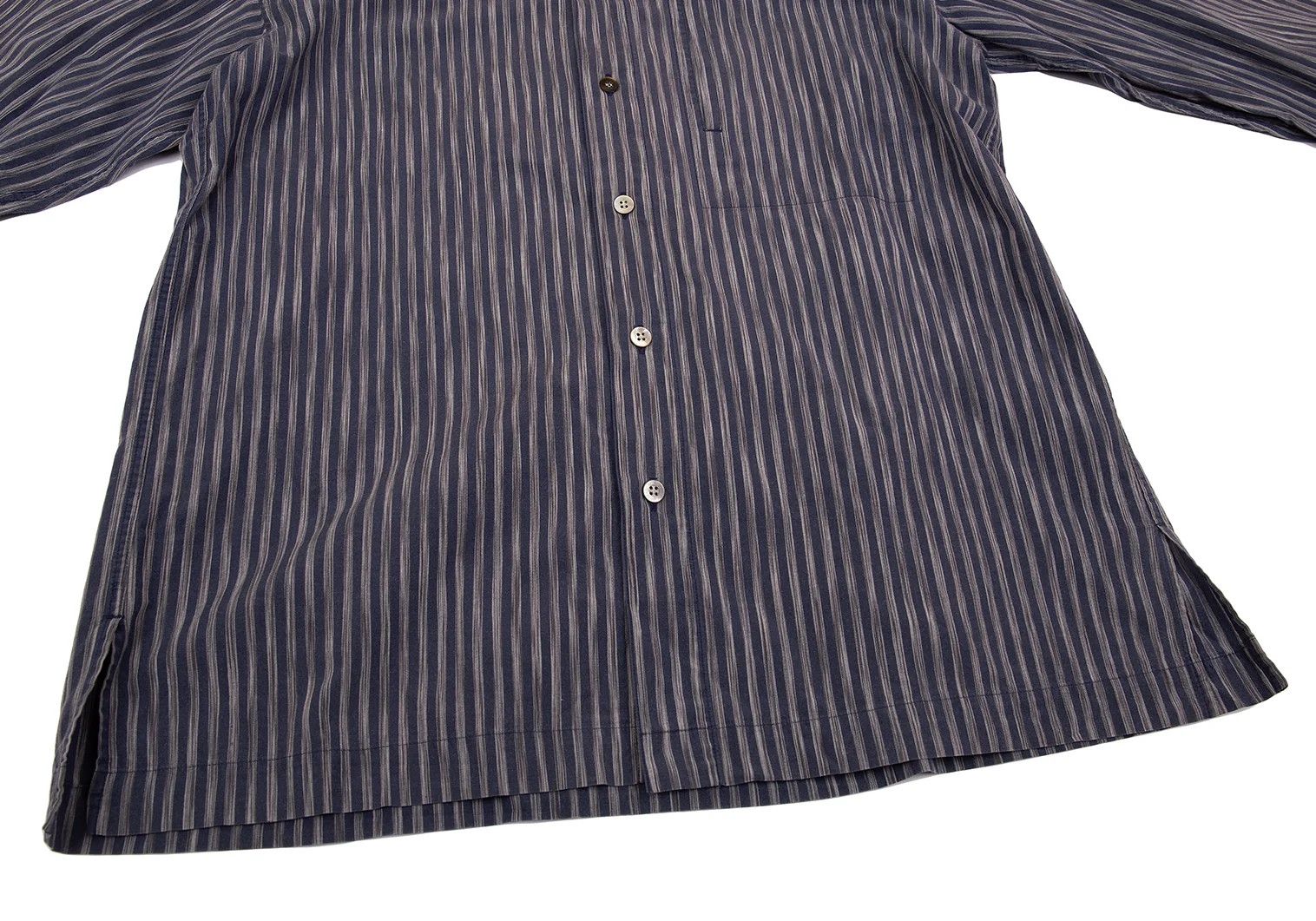 Issey Miyake Cotton Stripe Mao Collar Shirt in Navy Gray, Size L Size US L / EU 52-54 / 3 - 9 Thumbnail