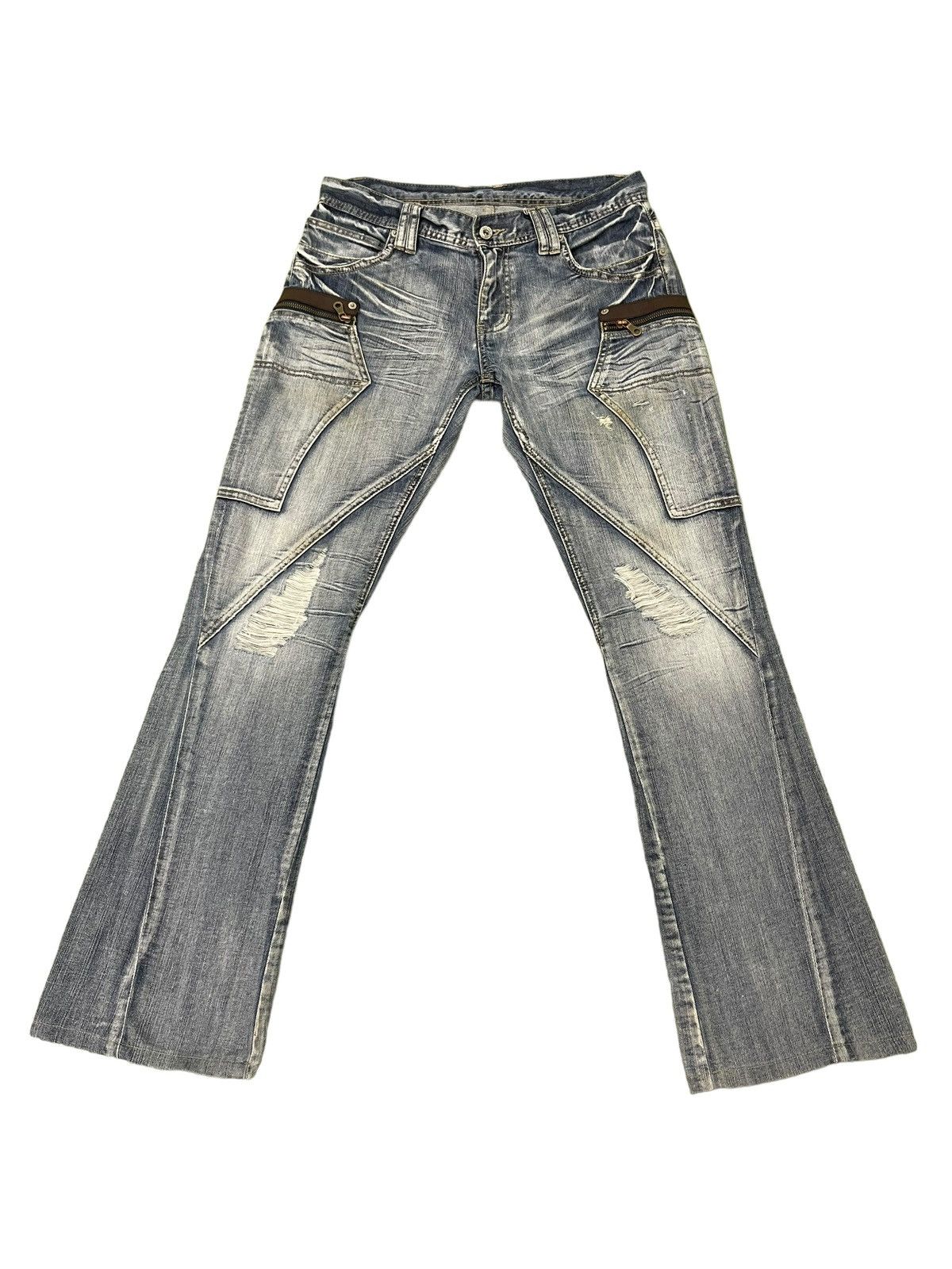 Japanese Brand Flare Jeans Michel Klein Distres Low Rise Boot Cut 8🟦6 Size US 31 - 2 Thumbnail