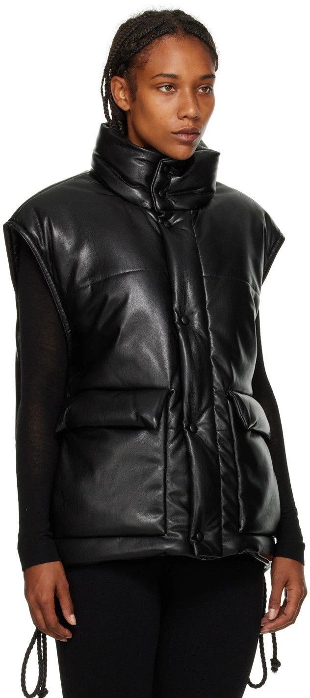 image of Nanushka Black Jovan Vegan Leather Puffer Gilet Jacket, Women's (Size XL)