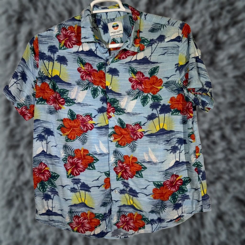 Denime Denim & Flower Shirt Men's XL Hawaiian Multicolor Floral Short Sleeve Cotton Button-Up Casual Size US XL / EU 56 / 4 - 1 Thumbnail