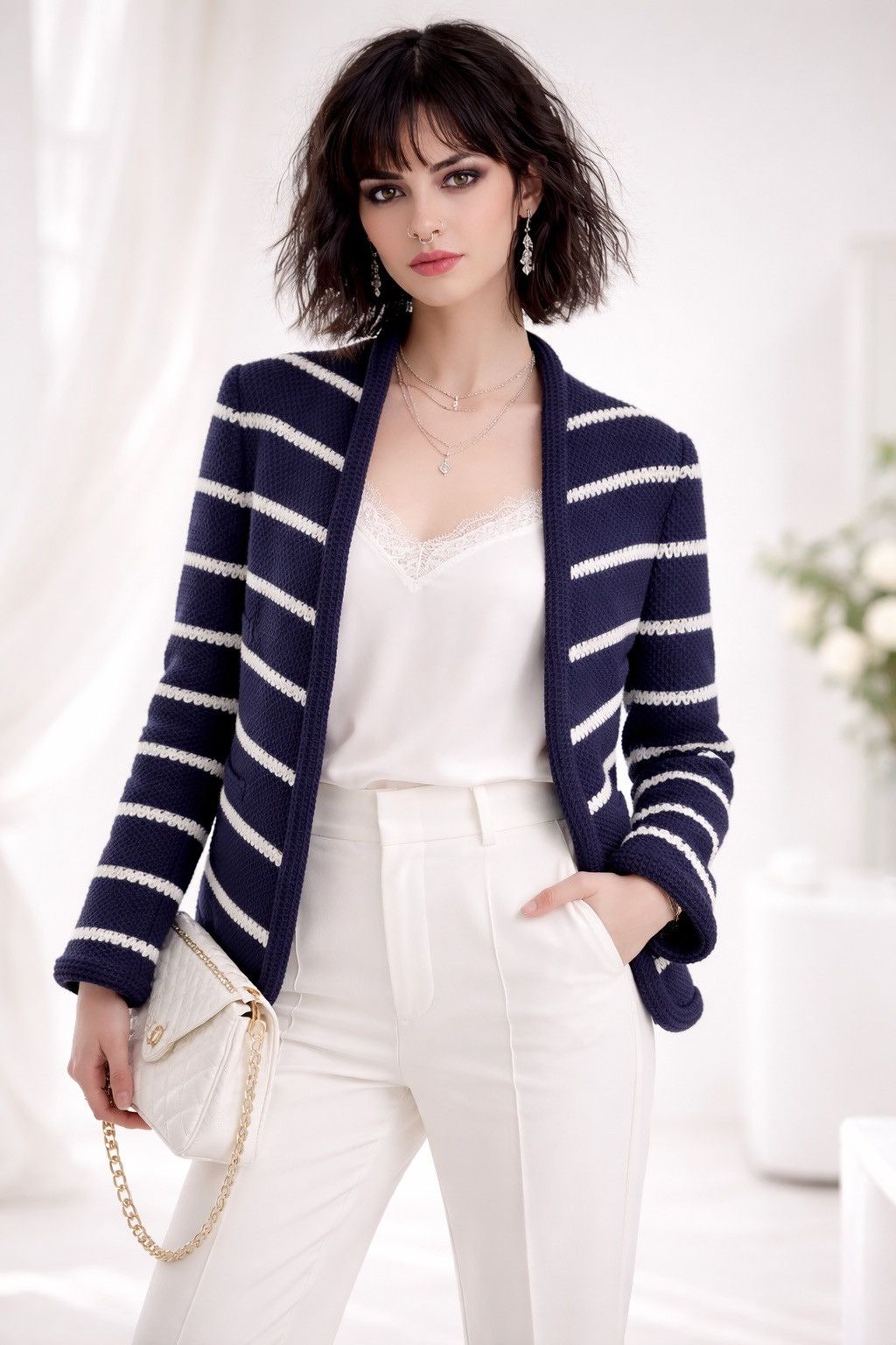 Karen Millen Karen Millen Navy Stripped Textured Jacket Parisian Chic Size L / US 10 / IT 46 - 2 Thumbnail