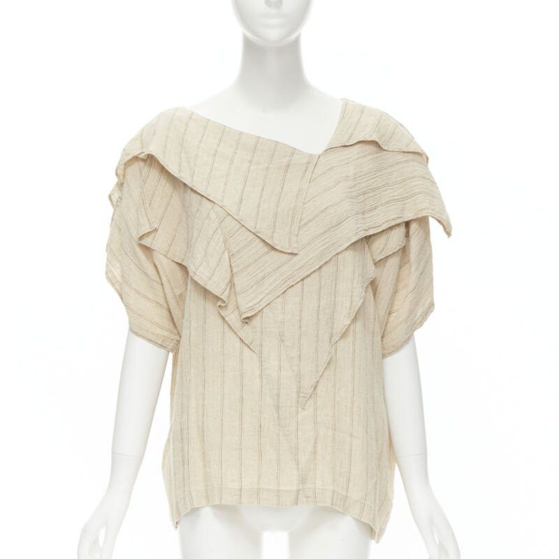 Issey Miyake ISSEY MIYAKE 1980's Vintage beige striped linen waterfall ruffle top S Rare Size S / US 4 / IT 40 - 1 Thumbnail