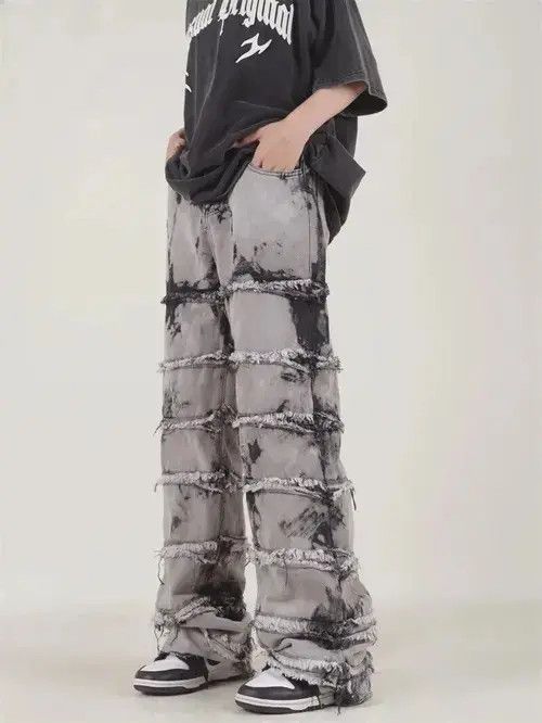 Jean Striped Tassel Frayed Straight Baggy Jeans Size US 32 / EU 48 - 2 Thumbnail