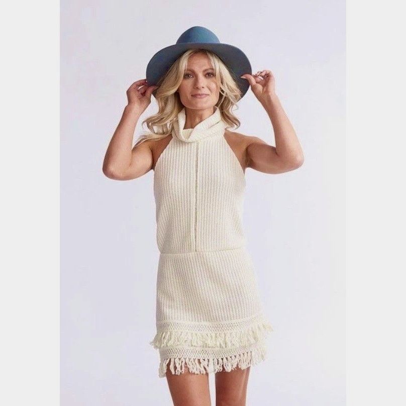Saylor Saylor Rosario Halter Knit Fringe Dress in Ecru M Size M / US 6-8 / IT 42-44 - 3 Thumbnail