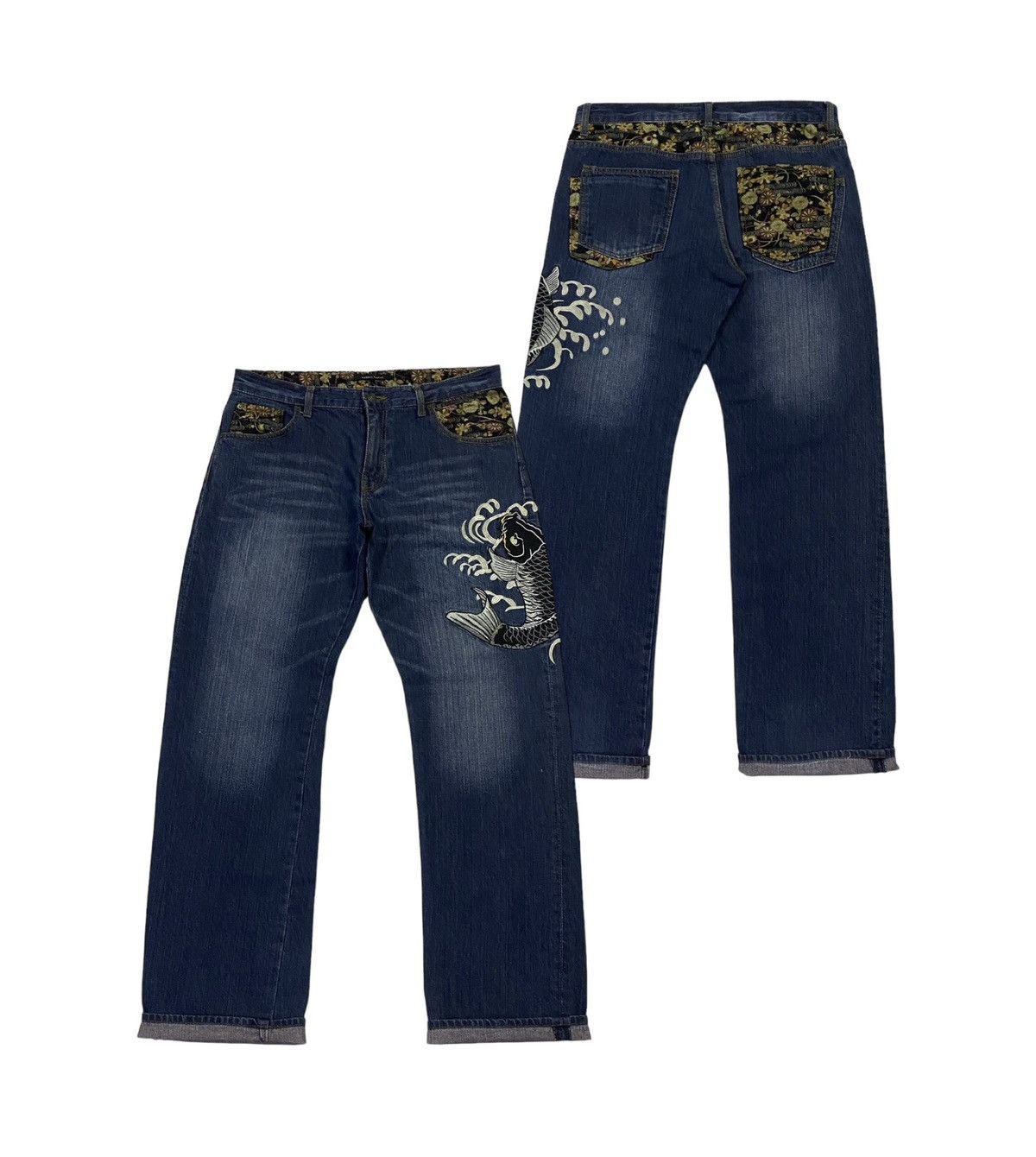 image of Vintage Memory Special Koi Fish Embroidery Jeans in Blue, Men's (Size 34)