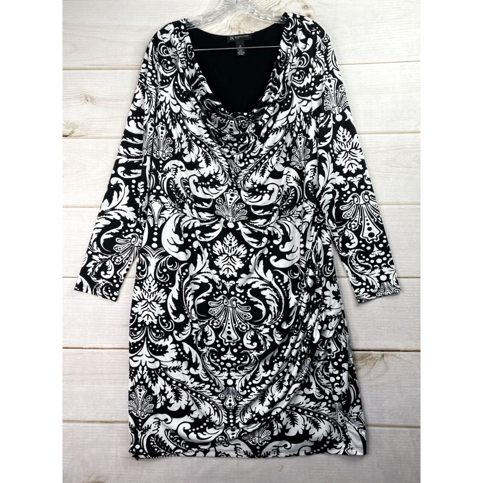 Vintage INC International Concepts Dress 1X Black White Paisley Draped Neck Stretch Jersey Knee Length Womens Plus Size 1X Size XL / US 12-14 / IT 48-50 - 2 Thumbnail