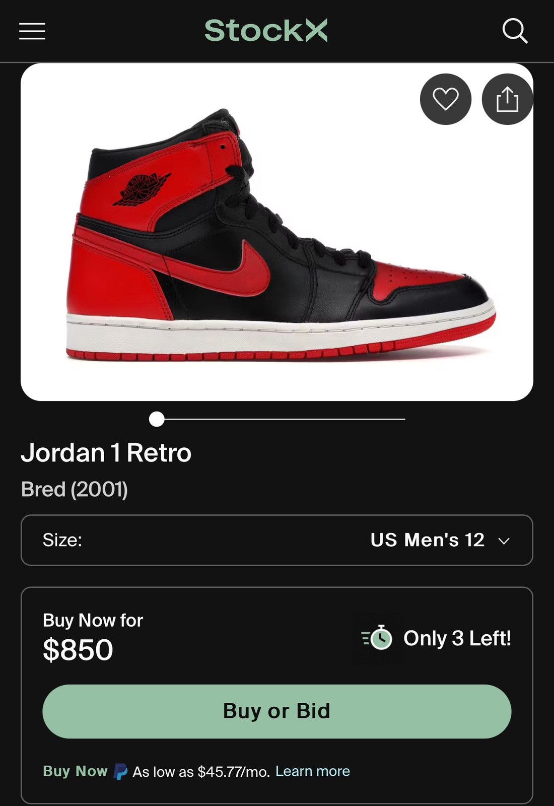 Jordan Brand 2001 Jordan 1 Retro Bred Size US 12 / EU 45 - 5 Thumbnail