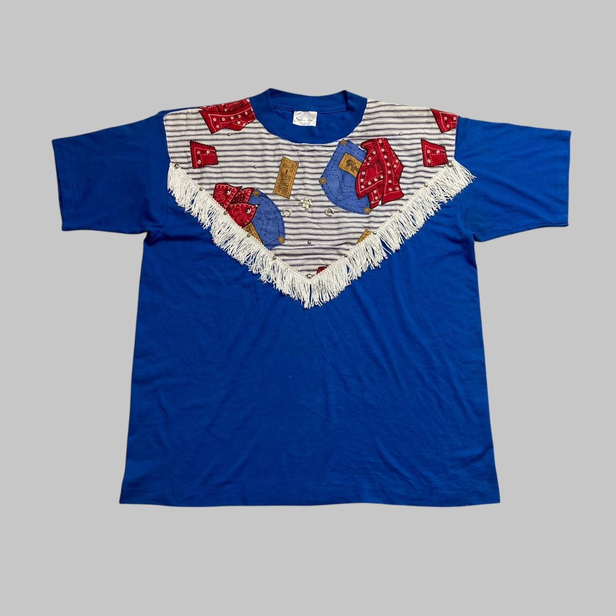 Vtg 80s Hazelwoods Crew Fringe Southwestern Aztec USA Tshirt