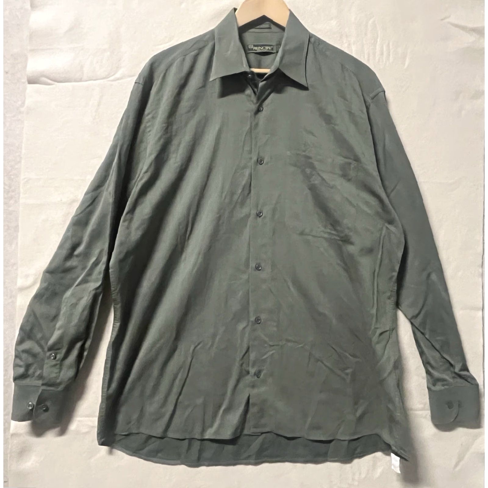 Needles Principe Dress Shirt Men 16 Green 100% Cotton Long Sleeve Collared Button Classic Spread Tailored Regular Size 42R - 2 Thumbnail