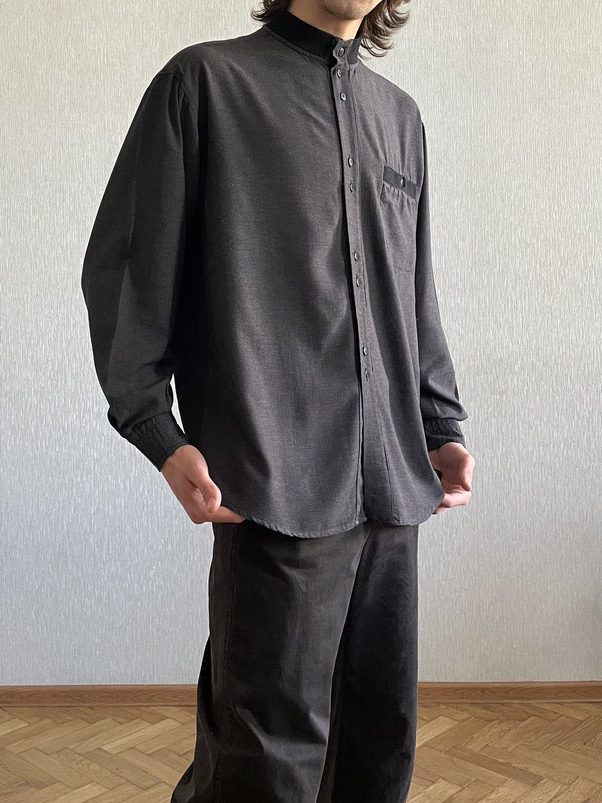 Vintage Mandarin Collar Shirt: Dark Gray Viscose, Italy Size US L / EU 52-54 / 3 - 11 Thumbnail