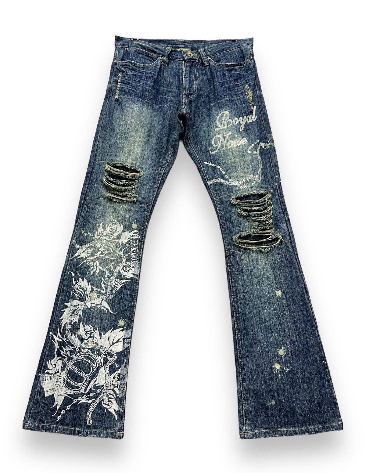 Guru FYE🔥GUMU INTERNATIONAL Punk Ripped Tribal Print Flare Denim Size 31" - 2 Thumbnail
