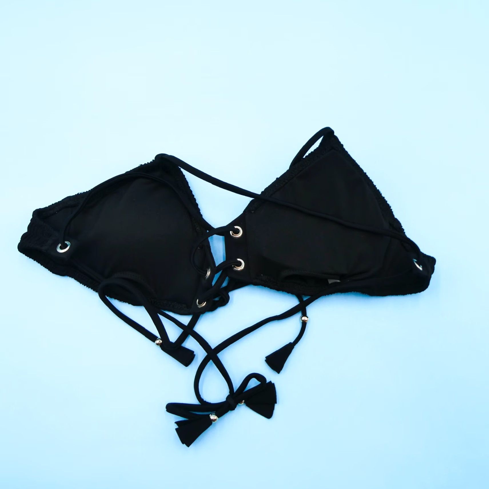 Victoria's Secret Top Bikini Triangle Halter Black S Padded Ruched VS Logo Beach Womens