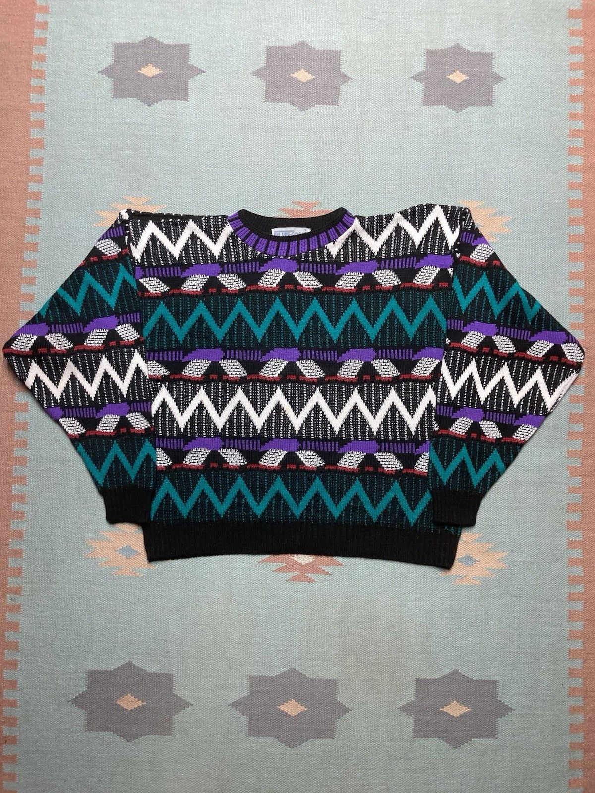 Vintage vtg 80s acrylic knit sweater abstract geometric soft boxy XL Size US XL / EU 56 / 4 - 1 Thumbnail