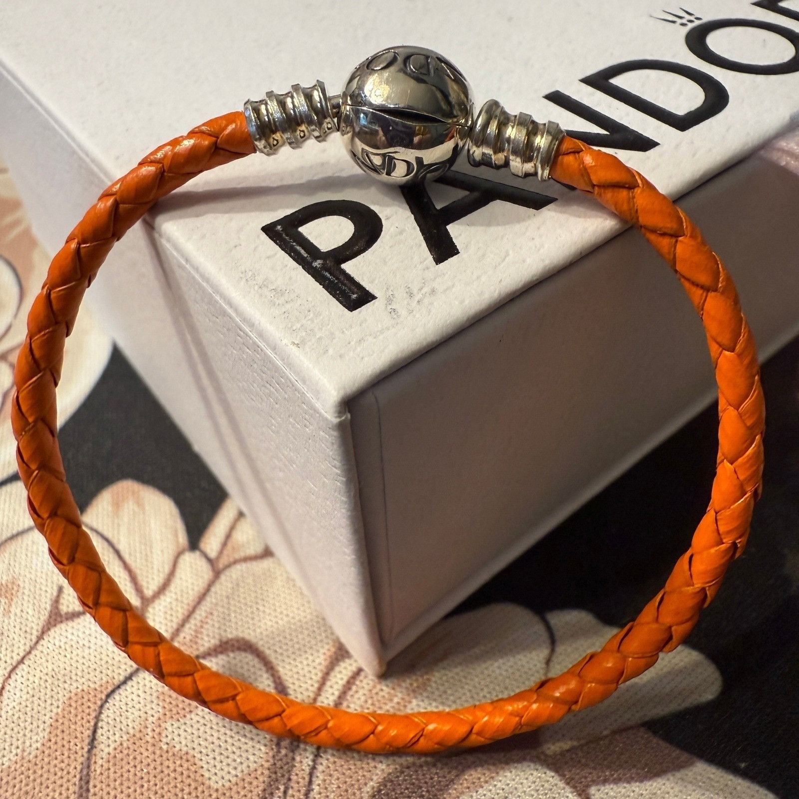 pandora Authentic Pandora, 19CM, Orange Braided Leather Bracelet, Si Size ONE SIZE - 4 Thumbnail