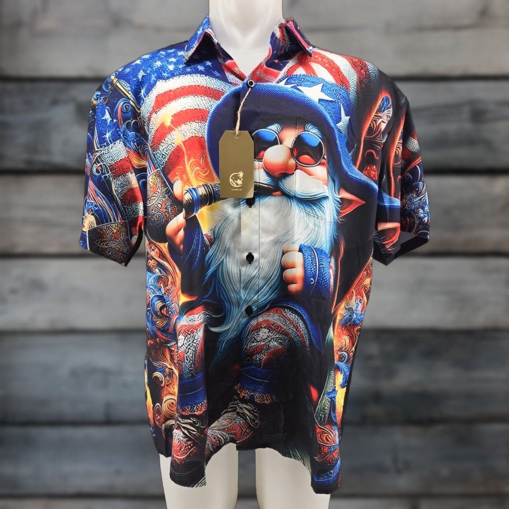 Vintage HARDADDY American Flag W/Gnome Short Sleeve Button-Up Shirt XL Mens Red White & Blue, Patriotic, USA, Button-Up, Casual, Travel, Workwear Size US XL / EU 56 / 4 - 1 Thumbnail