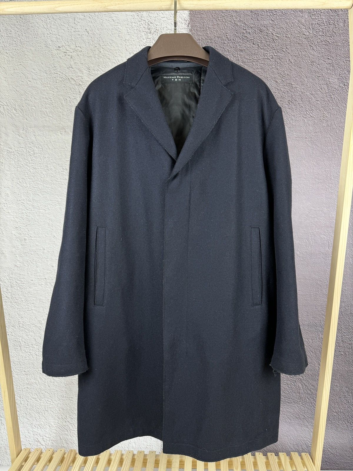 image of Italian Designers Massimo Rebecchi Tdm Wool Long Single Breasted Trench Coat in Navy (Size Large)