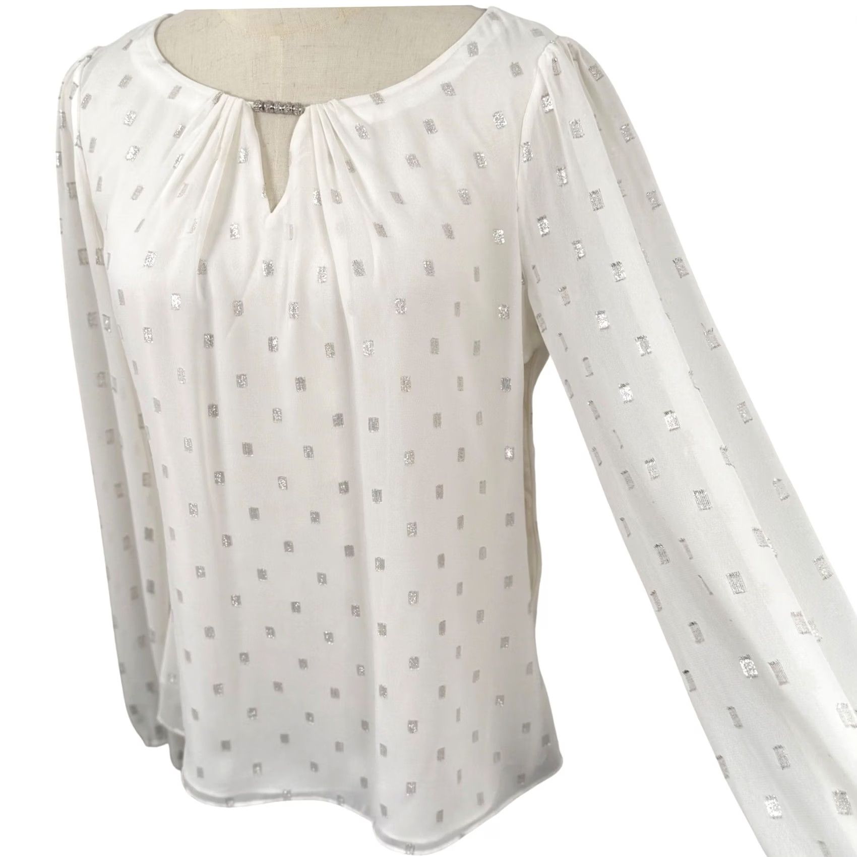 White House Black Market EUC WHBM Blouse White Silver Metallic Foil Rhinestone Shimmer Party Geometric Split V-Neck Long Sleeve Adult Womens Size S / US 4 / IT 40 - 2 Thumbnail