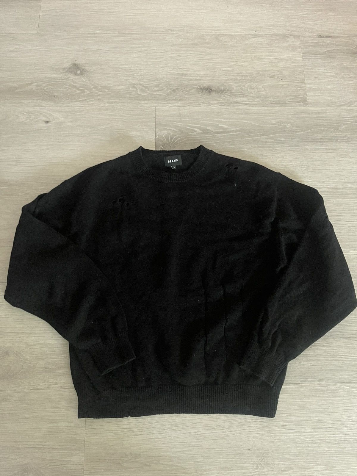 image of Beams Plus Beans Distressed Sweater in Black, Men's (Size Small)