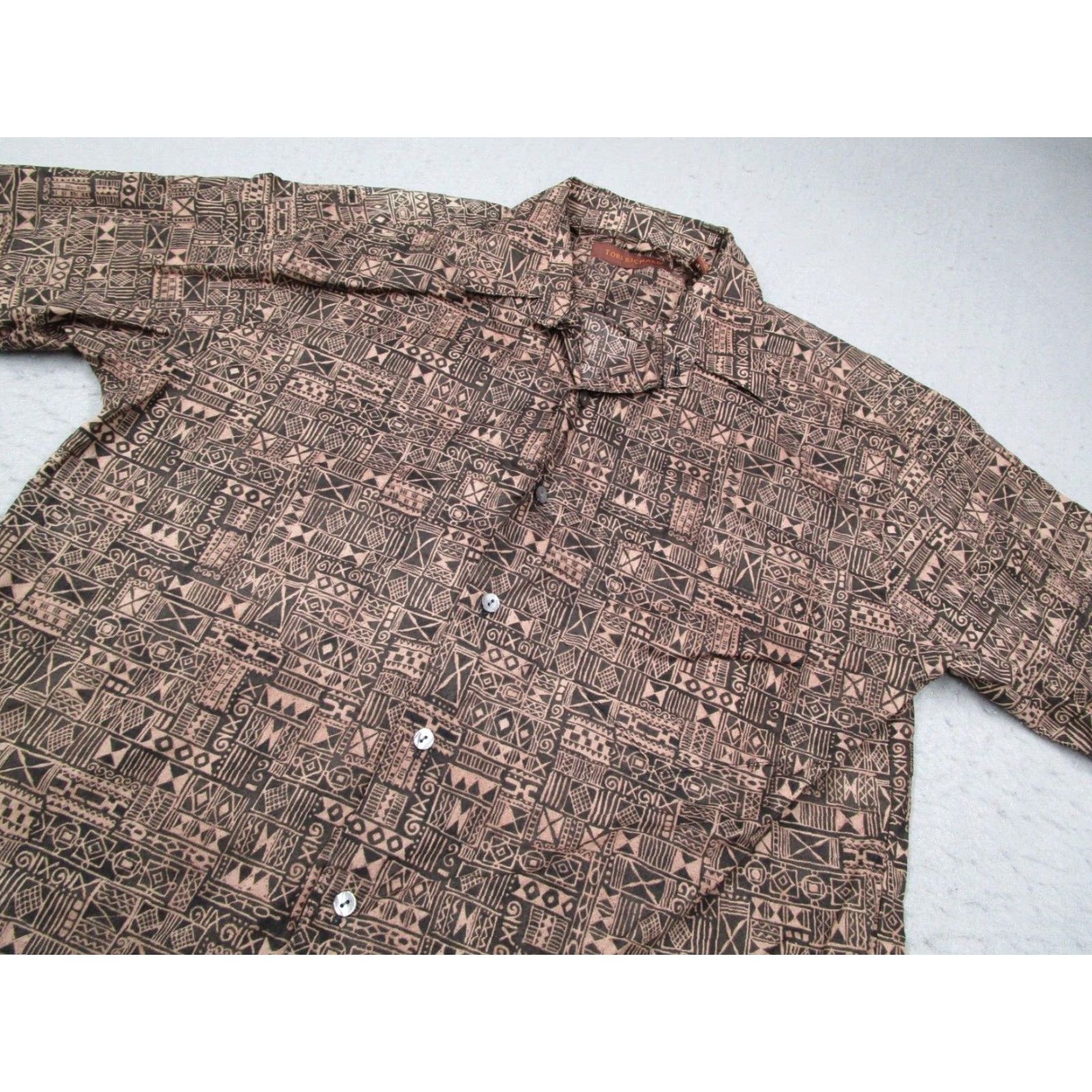 Tori Richard TORI RICHARD Men's Hawaiian Button-Up Shirt Medium Brown Cotton Lawn Geometric Print Retro Tropical Size US M / EU 48-50 / 2 - 2 Thumbnail