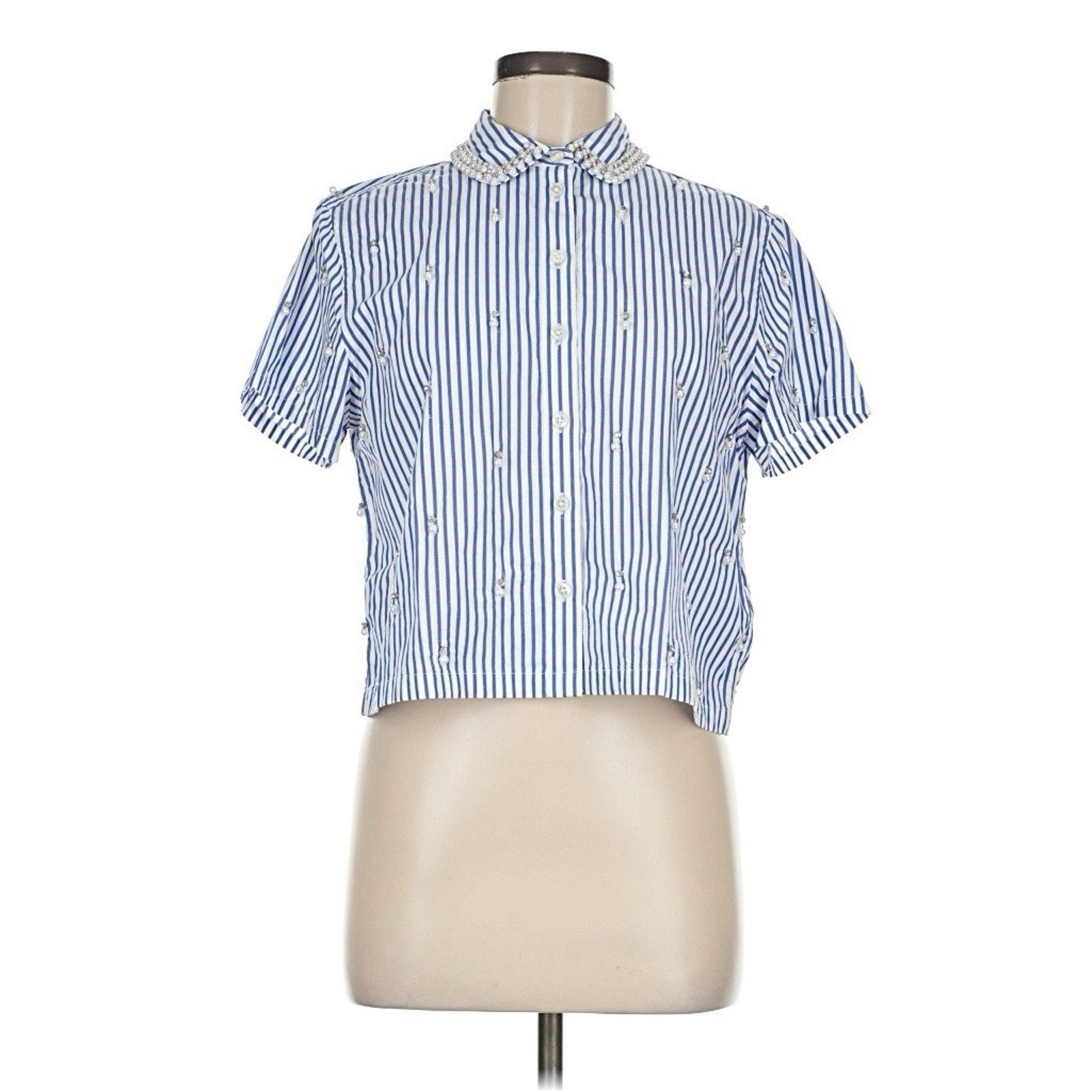 J.Crew J Crew Collection Cropped Short Sleeve Blue Striped Pearl 6 Size M / US 6-8 / IT 42-44 - 2 Thumbnail
