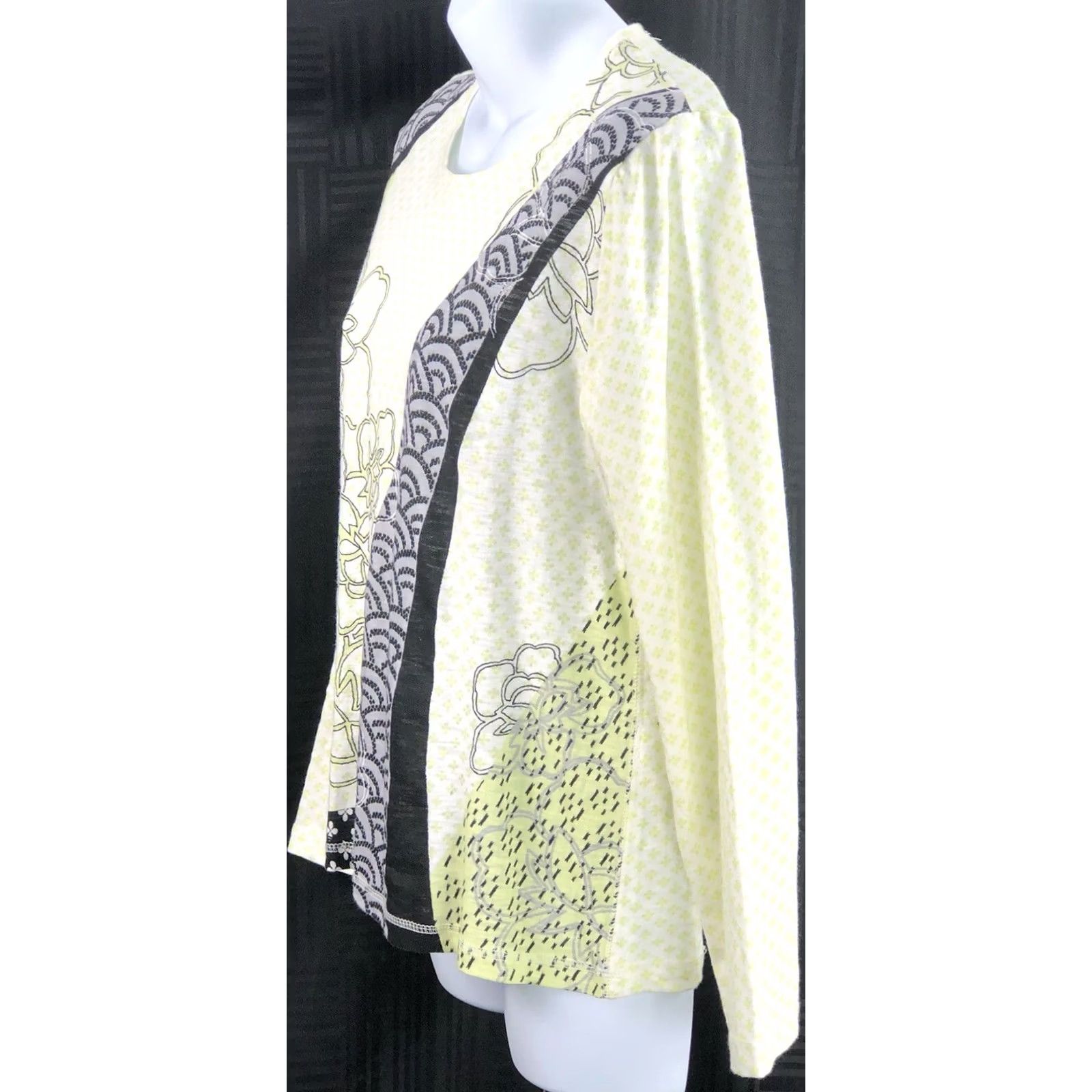 Vintage Chico’s Jersey Top M Lime Gray Floral Geometric Long Sleeve Cotton Shirt Adult Women's Casual Shirt Size M / US 6-8 / IT 42-44 - 2 Thumbnail