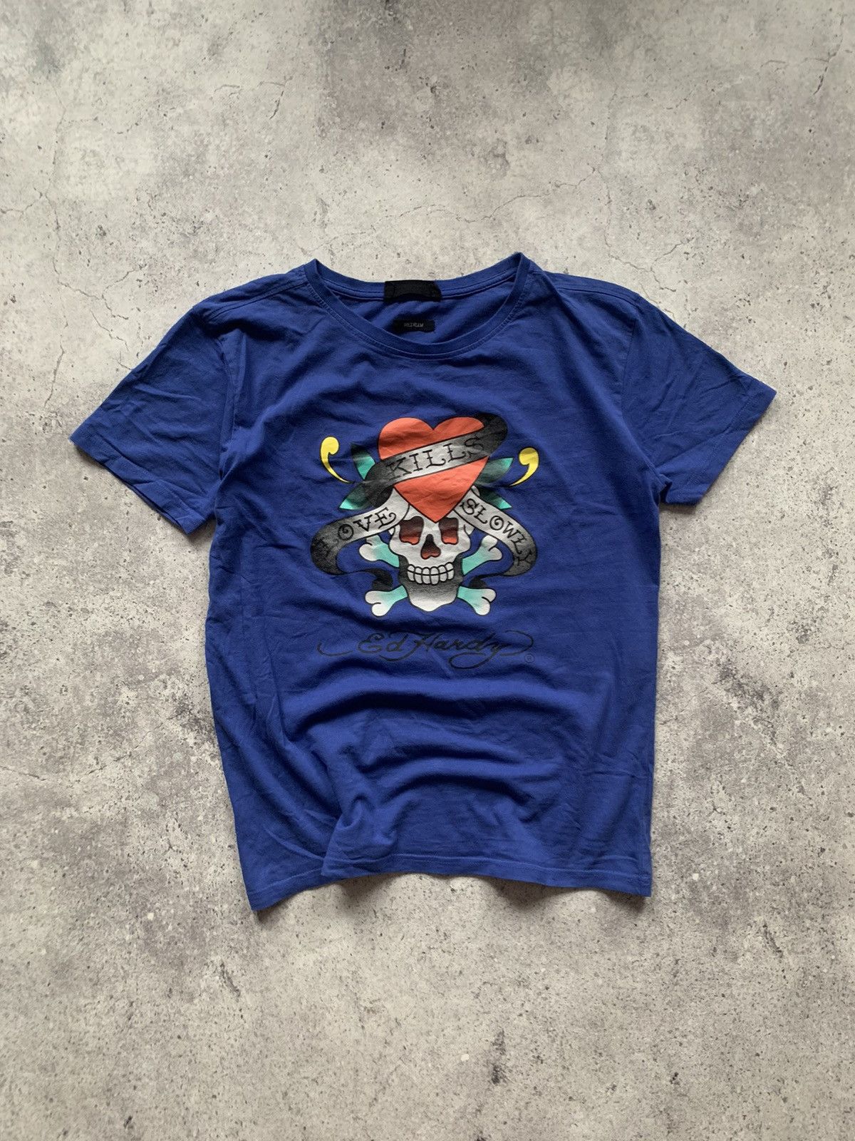 Christian Audigier × Ed Hardy Vintage 00s Ed Hardy Big Skull Logo Crazy Y2K Blue T Shirt Size US M / EU 48-50 / 2 - 1 Thumbnail