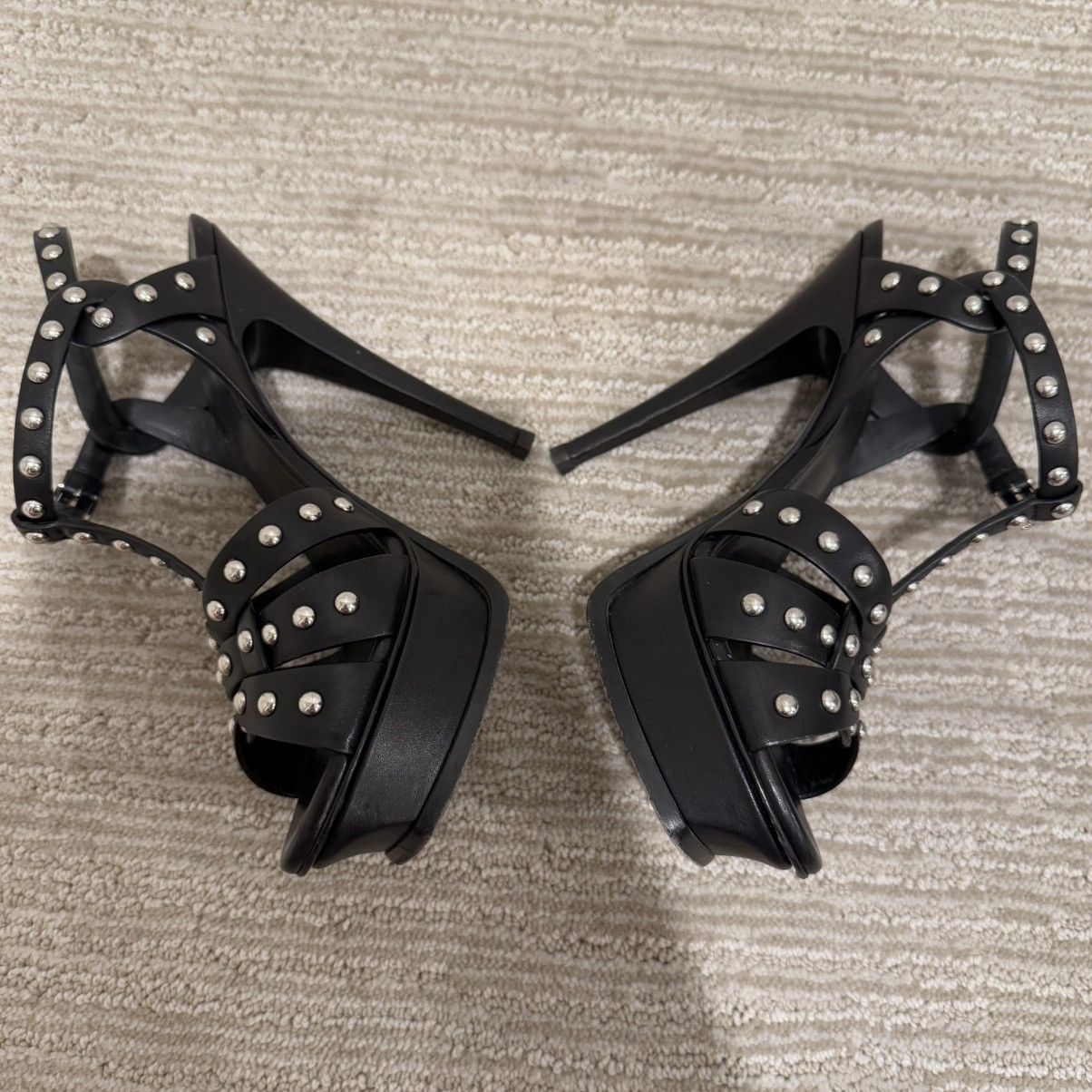 Saint Laurent Paris Saint Laurent Black Leather Studded Tribute Platform Sandals Size US 7.5 / IT 37.5 - 6 Thumbnail