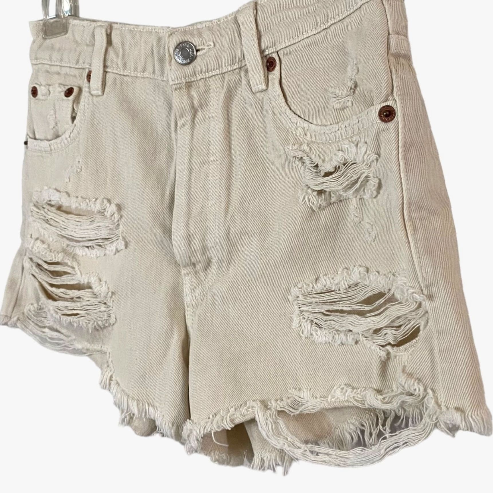 Zara Zara High-Waisted Jean Shorts Women's 2 Cream Distressed Raw-Hem Frayed Denim Shirt? Size 26" / US 2 / IT 38 - 2 Thumbnail
