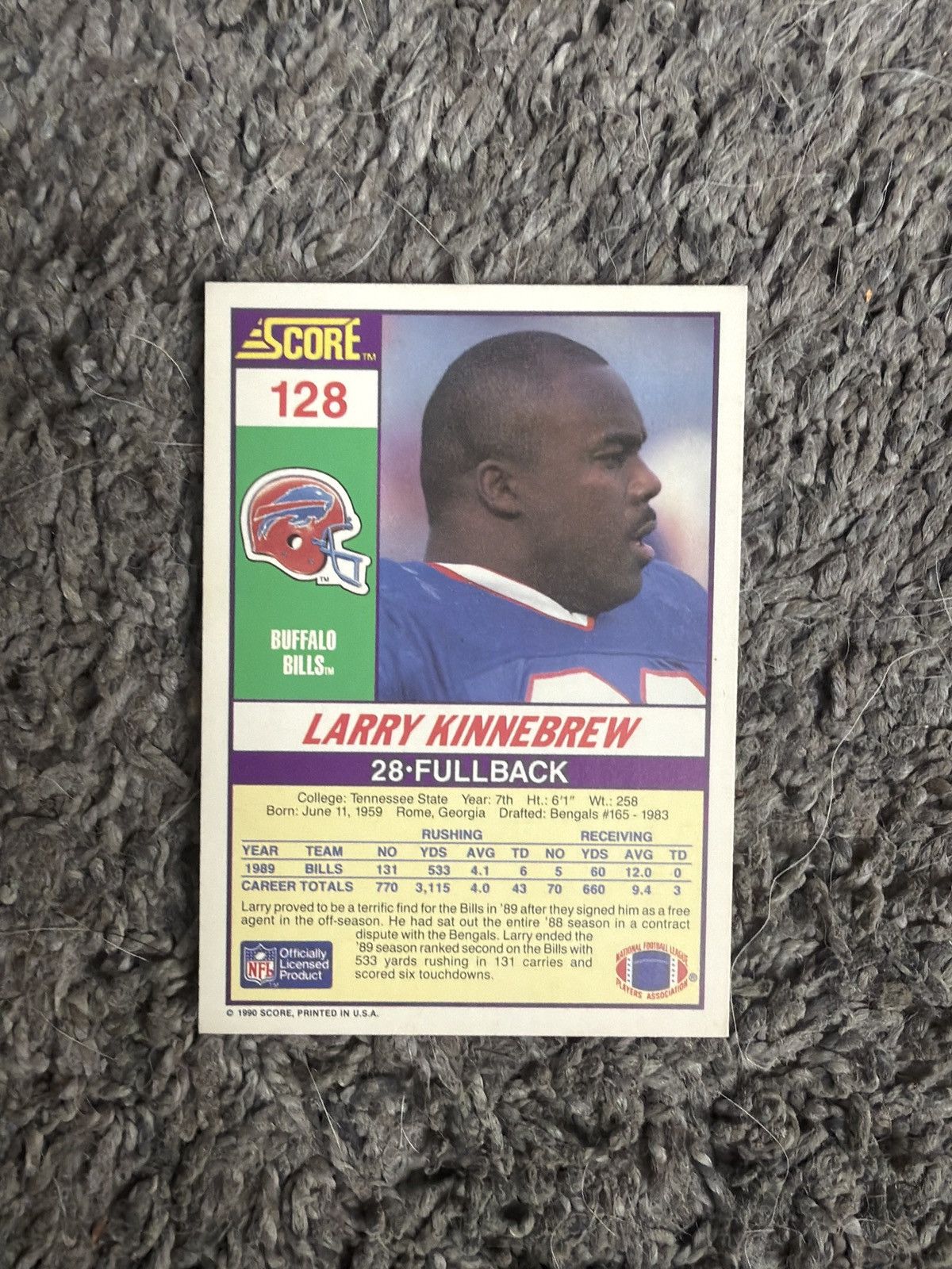NFL 1990 Score #128 Larry Kinnebrew Card Size ONE SIZE - 2 Thumbnail