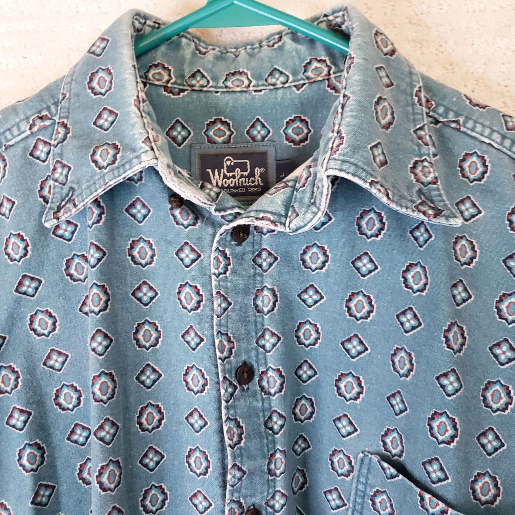 Vintage Woolrich Shirt L Turquoise Geometric Button-Up Long Sleeve Collared USA Mens Size US L / EU 52-54 / 3 - 5 Thumbnail
