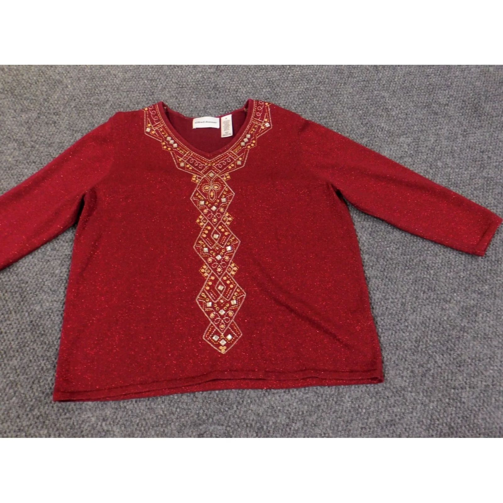 Vintage Alfred Dunner Sweater XL Red Beaded Embellishments Womens Stretch Knit Raglan Sleeve V-Neck Pullover Knit Size XL / US 12-14 / IT 48-50 - 3 Thumbnail