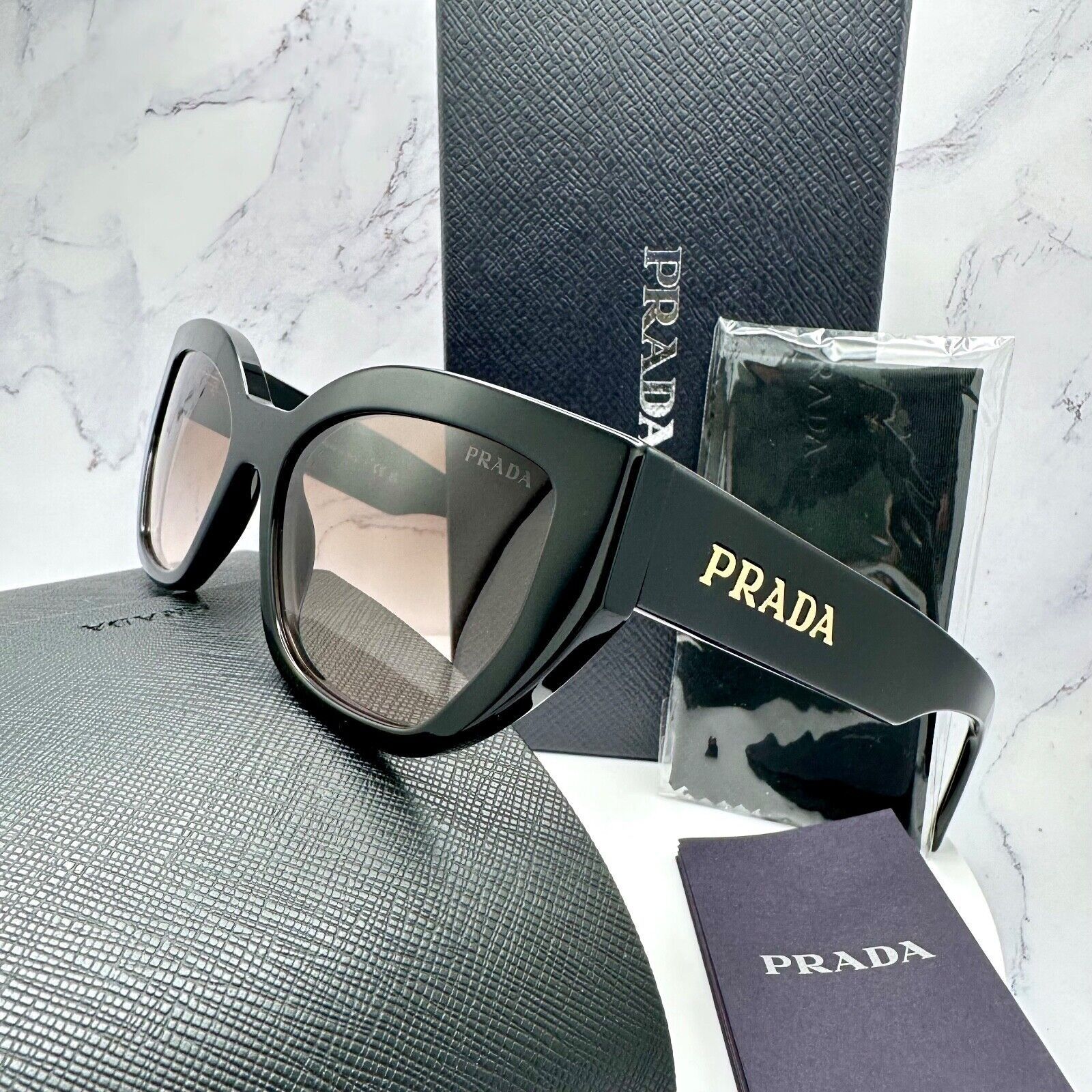 Prada New Prada Black Sunglasses Cat Eye Gold PRADA Metal Logo Size ONE SIZE - 16 Thumbnail