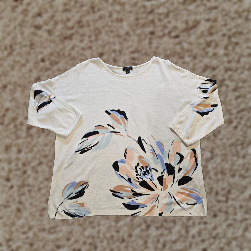 J. Jill J Jill Sweater Womens White Floral Knit Linen Blend Pullover Knit Long Sleeve Round Neck Casual Beachy Size M / US 6-8 / IT 42-44 - 1 Thumbnail
