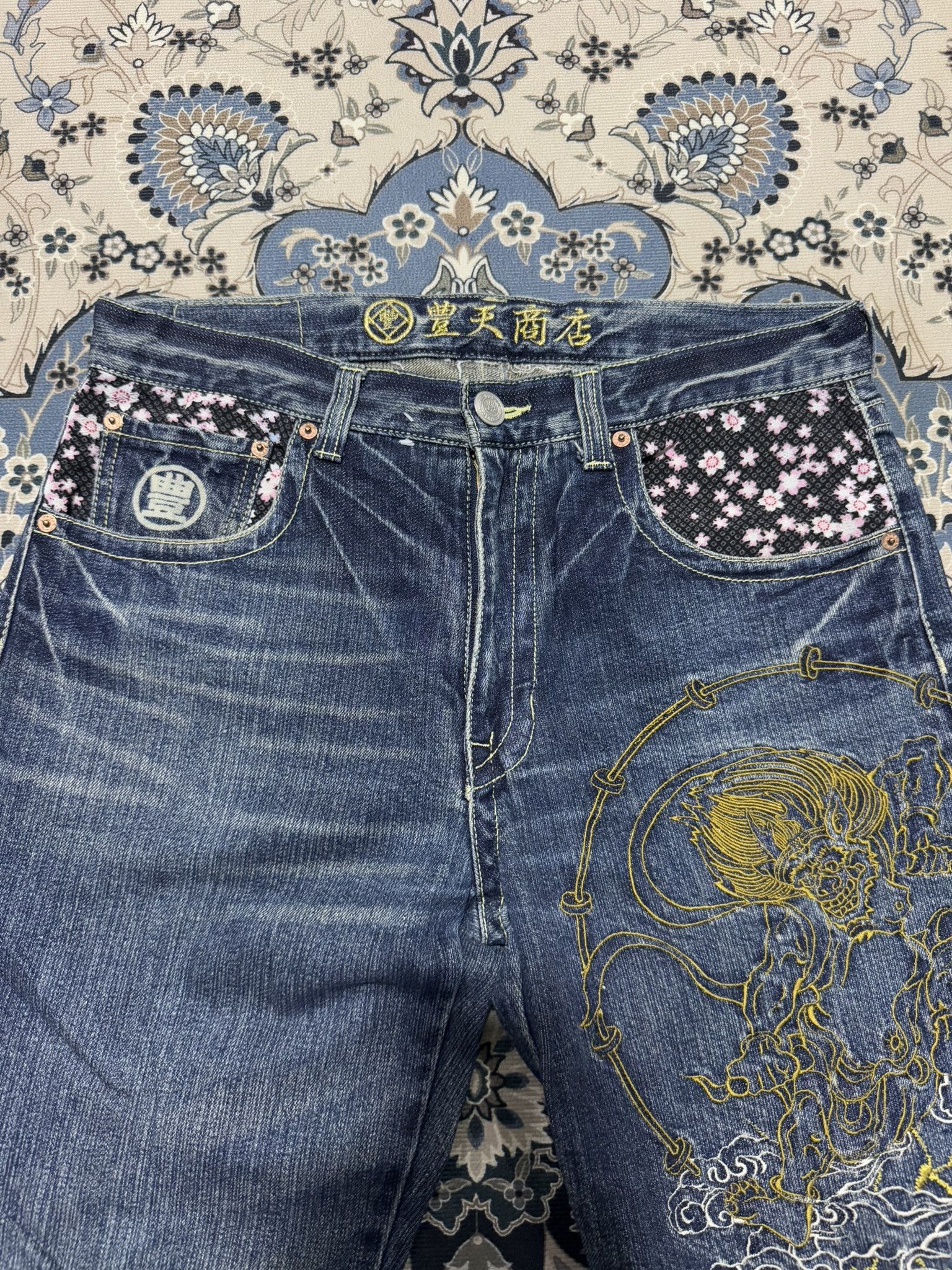 Beauty Beast × Japanese Brand Vintage Buden Shoten Sukajan Raijin Fuijin Embroider Jeans Size US 34 / EU 50 - 5 Thumbnail