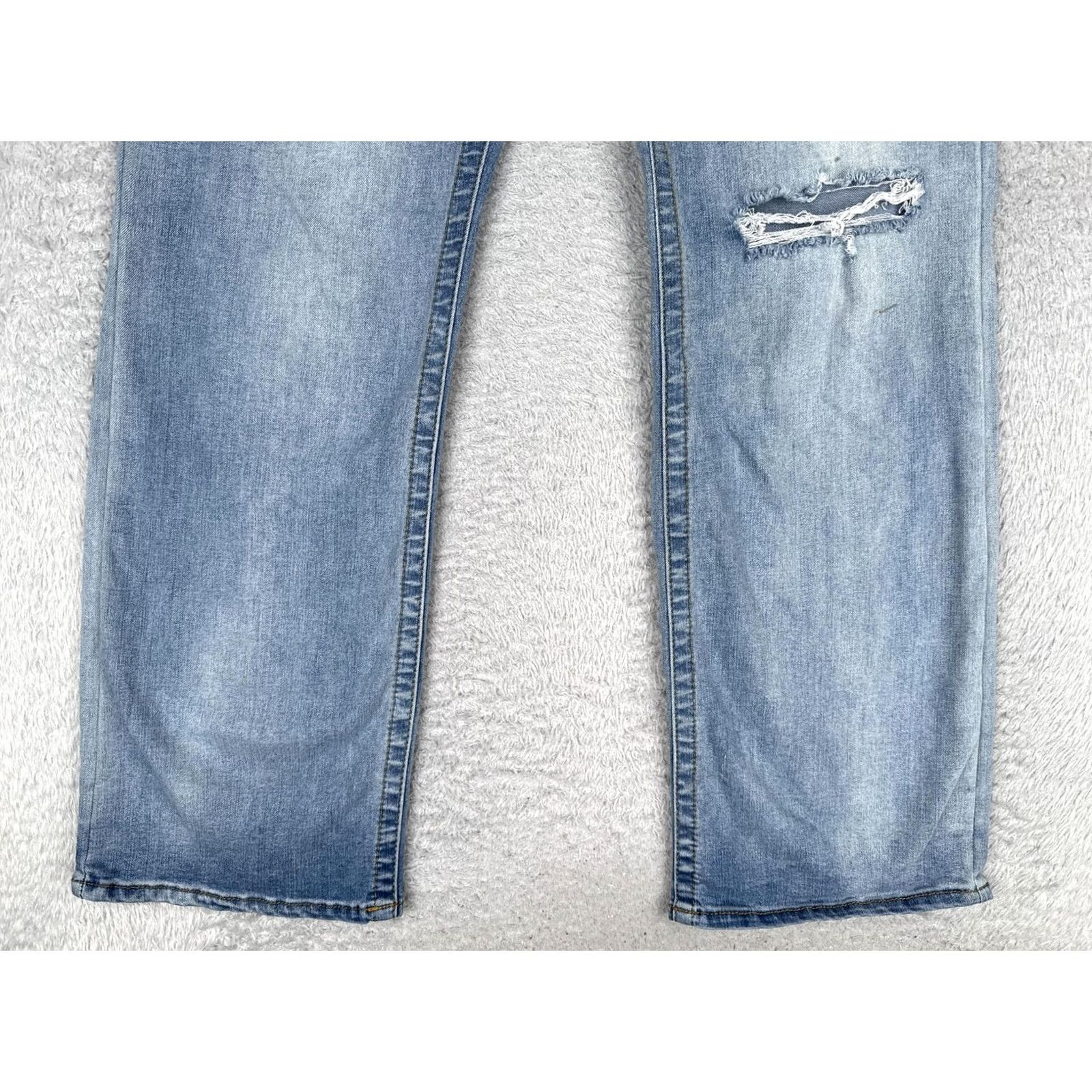 Vintage Seven7 Jeans Womens 14 Tummyless High Rise Slim Bootcut Blue Light Wash 34x31 Pocket Distressed Denim Regular Rise Front Zip Leather Patch Boyfriend** Size 36" / US 14 / IT 50 - 2 Thumbnail