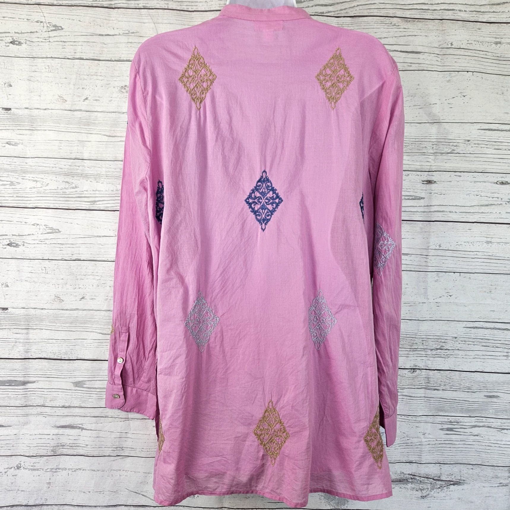 J. Jill Button-Up Top Womens Embroidered Cotton Long Sleeve Pink Blue Sz M
