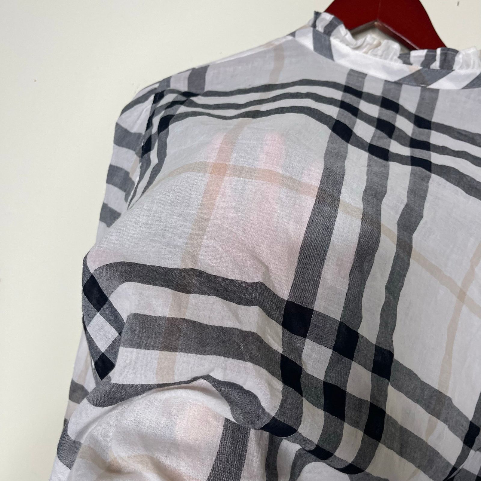 Burberry White Black Plaid Print 3/4 Sleeve Button-Up Top 12