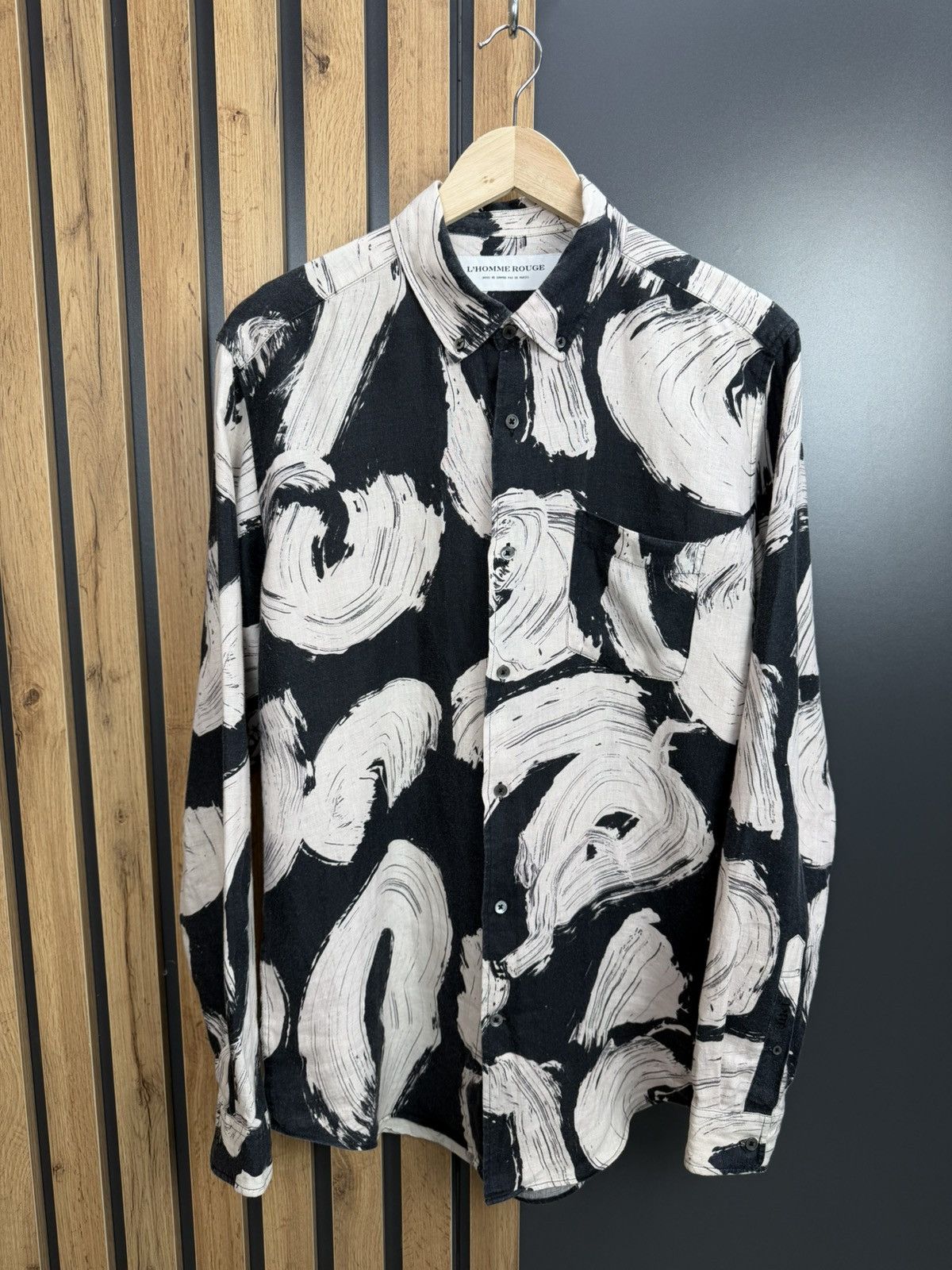 L'Homme Rouge L’Homme Rouge Linen Shirt Abstract Print Black Beige Size L Size US L / EU 52-54 / 3 - 1 Thumbnail