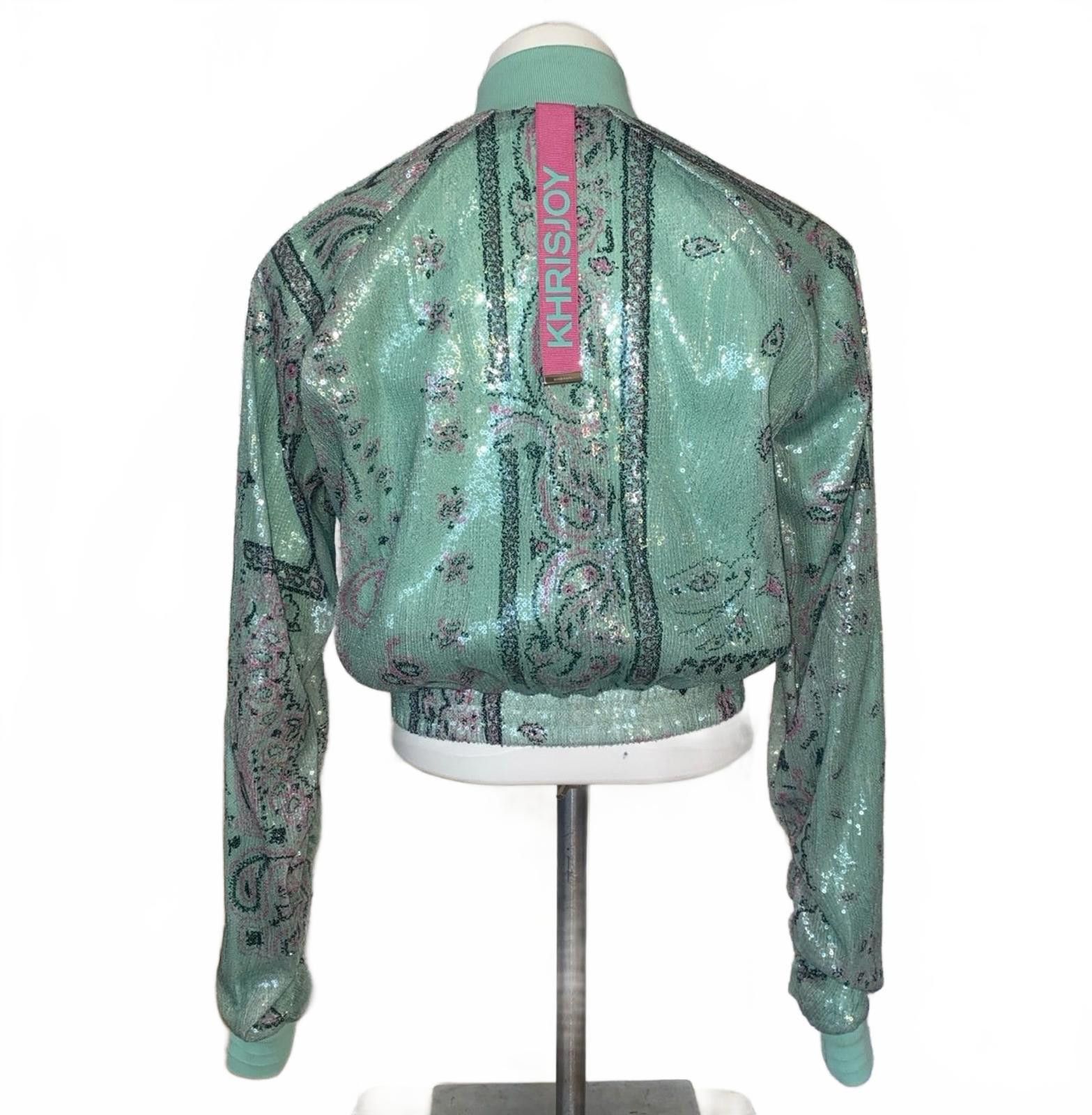 Khrisjoy Khrisjoy Mint Paisley Sequin Bomber Jacket w/Pink Zip Sz S Size XS / US 0-2 / IT 36-38 - 8 Thumbnail
