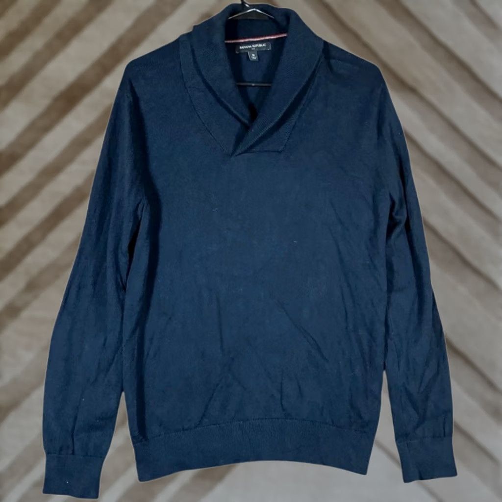 Banana Republic Banana Republic Sweater Navy Blue Knit Shawl Neck 100% Cotton Medium Mens Regular Knit Style Pullover Size US M / EU 48-50 / 2 - 1 Thumbnail