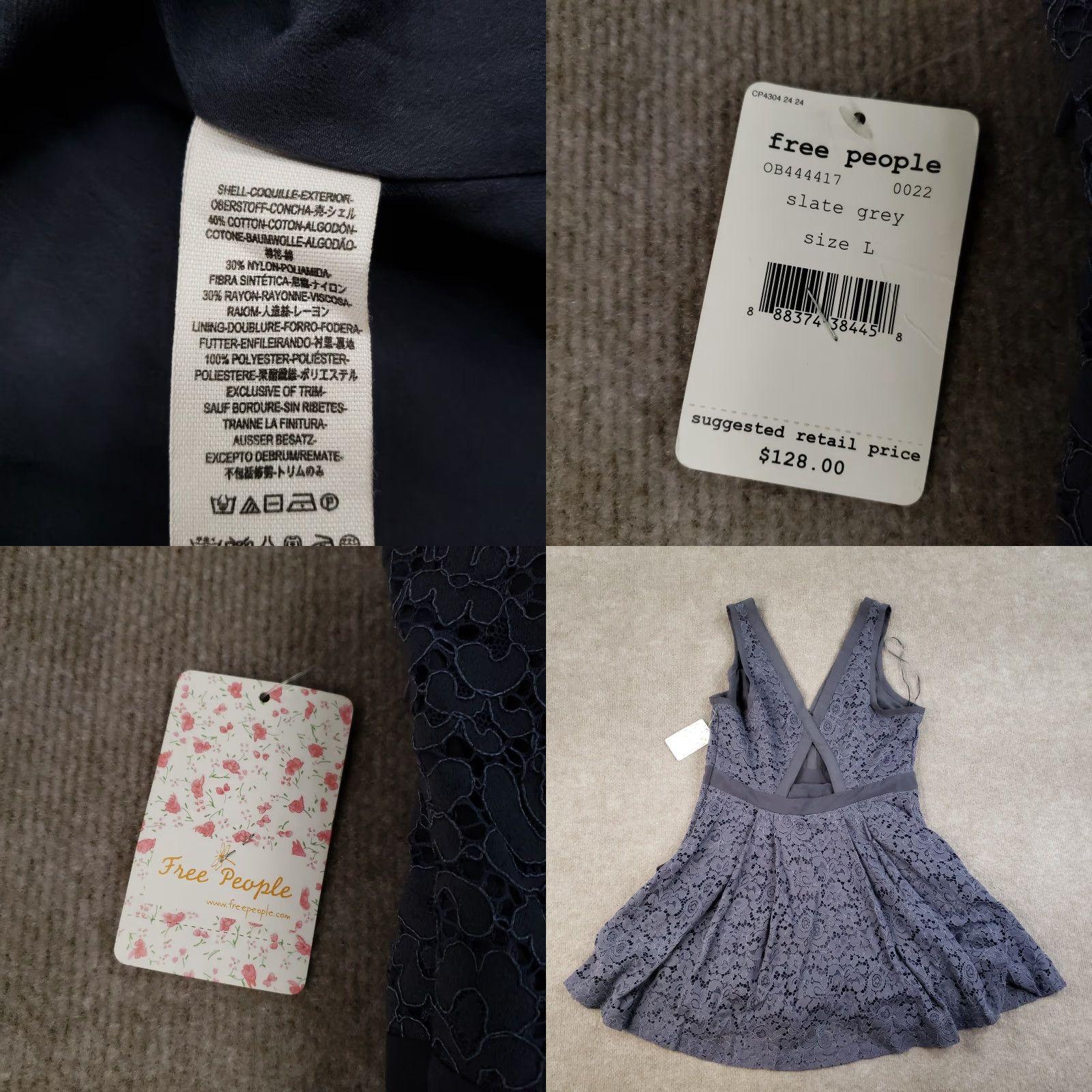 Free People Free People Dress Womens L Short Gray Lace Skater A-Line Fit & Flare Sleeveless V-Neck Lined Size L / US 10 / IT 46 - 9 Thumbnail