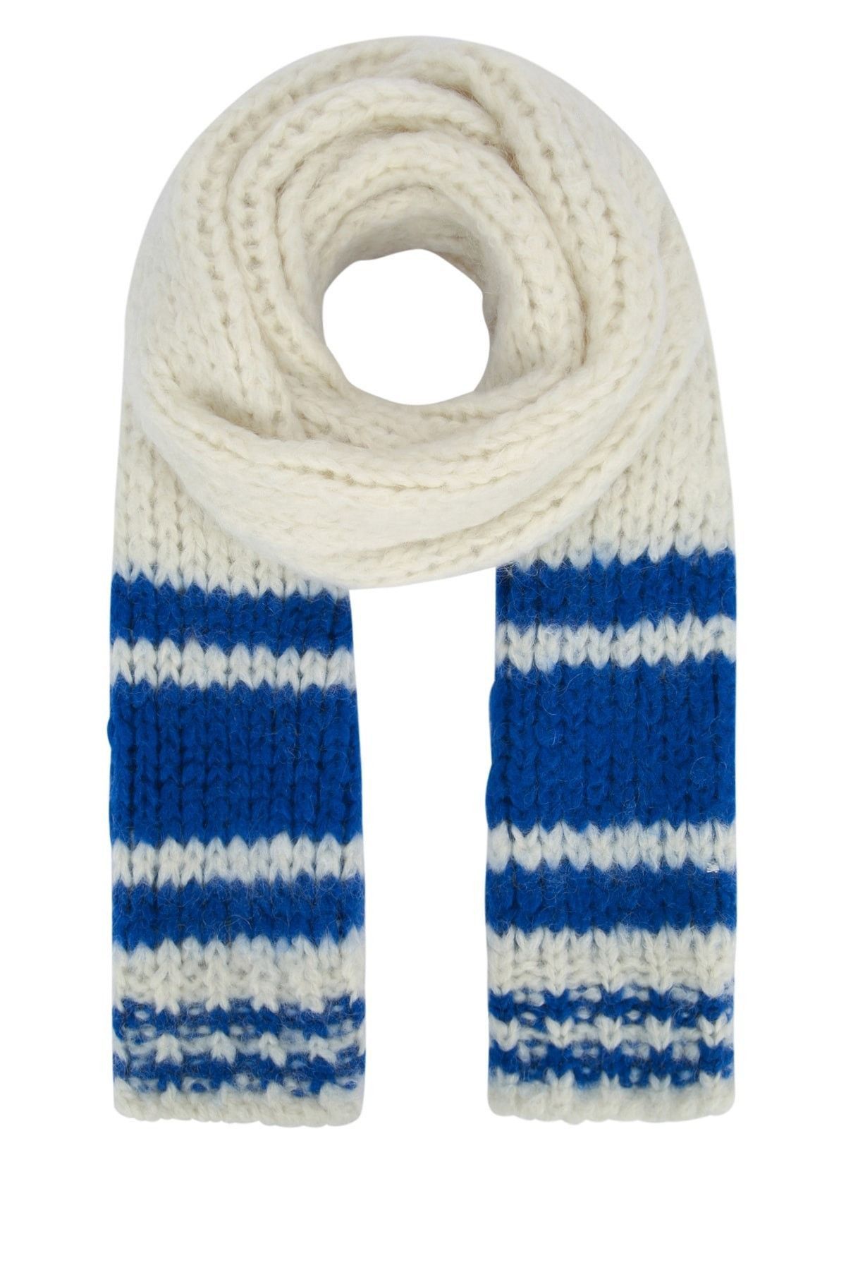 striped scarf in chunky mohair and wool off white/electric blue, image size:1200x1800
